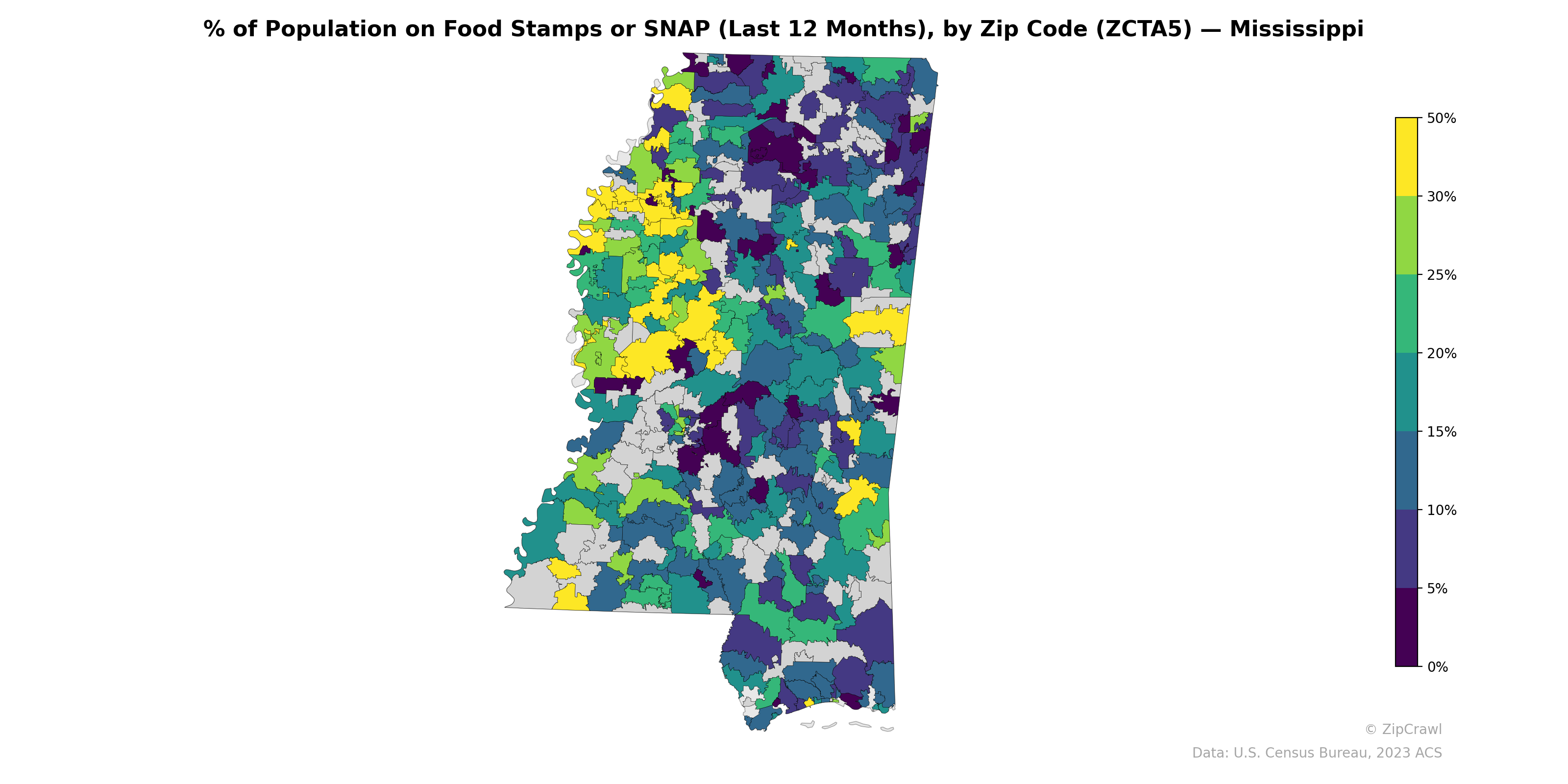 % of Population on Food Stamps or SNAP (Last 12 Months), by Zip Code (ZCTA5) — Mississippi
