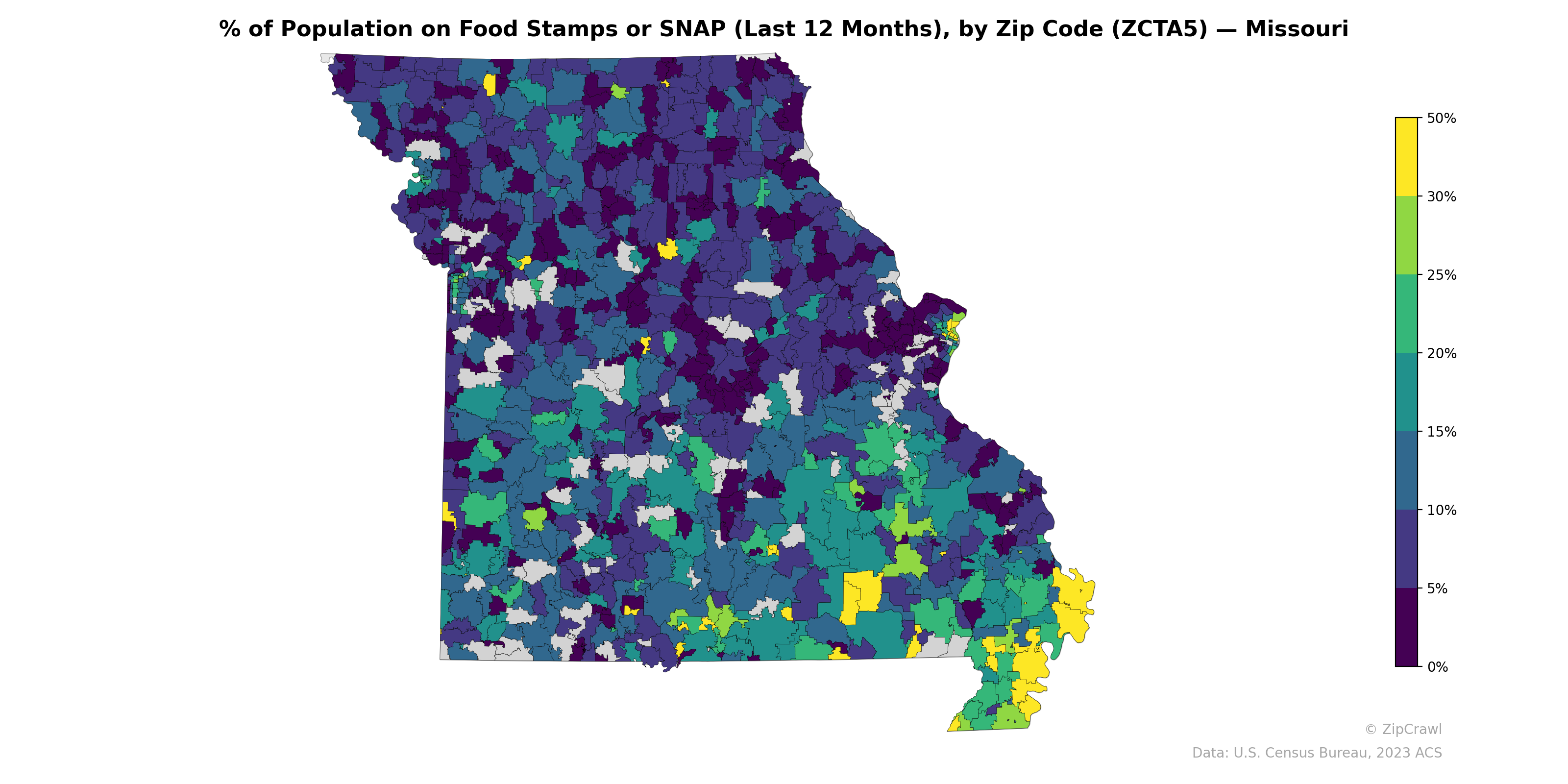 % of Population on Food Stamps or SNAP (Last 12 Months), by Zip Code (ZCTA5) — Missouri