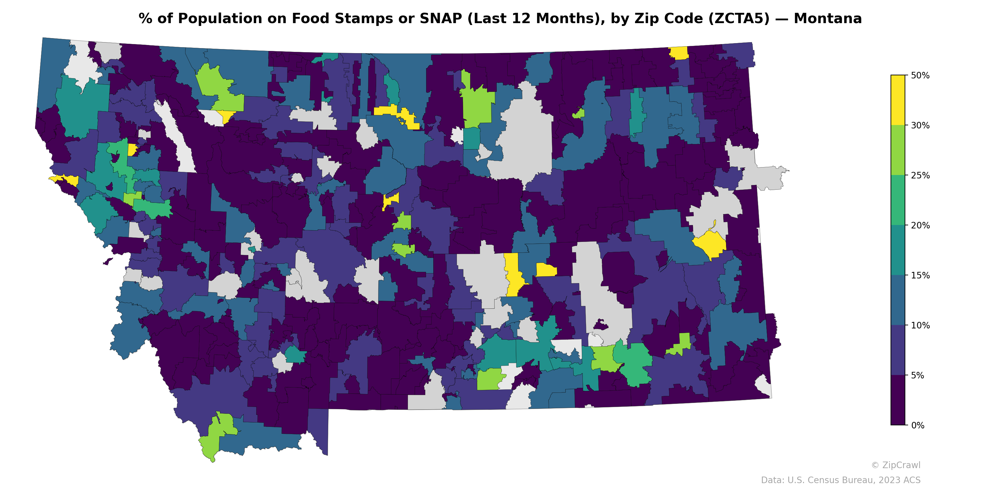 % of Population on Food Stamps or SNAP (Last 12 Months), by Zip Code (ZCTA5) — Montana