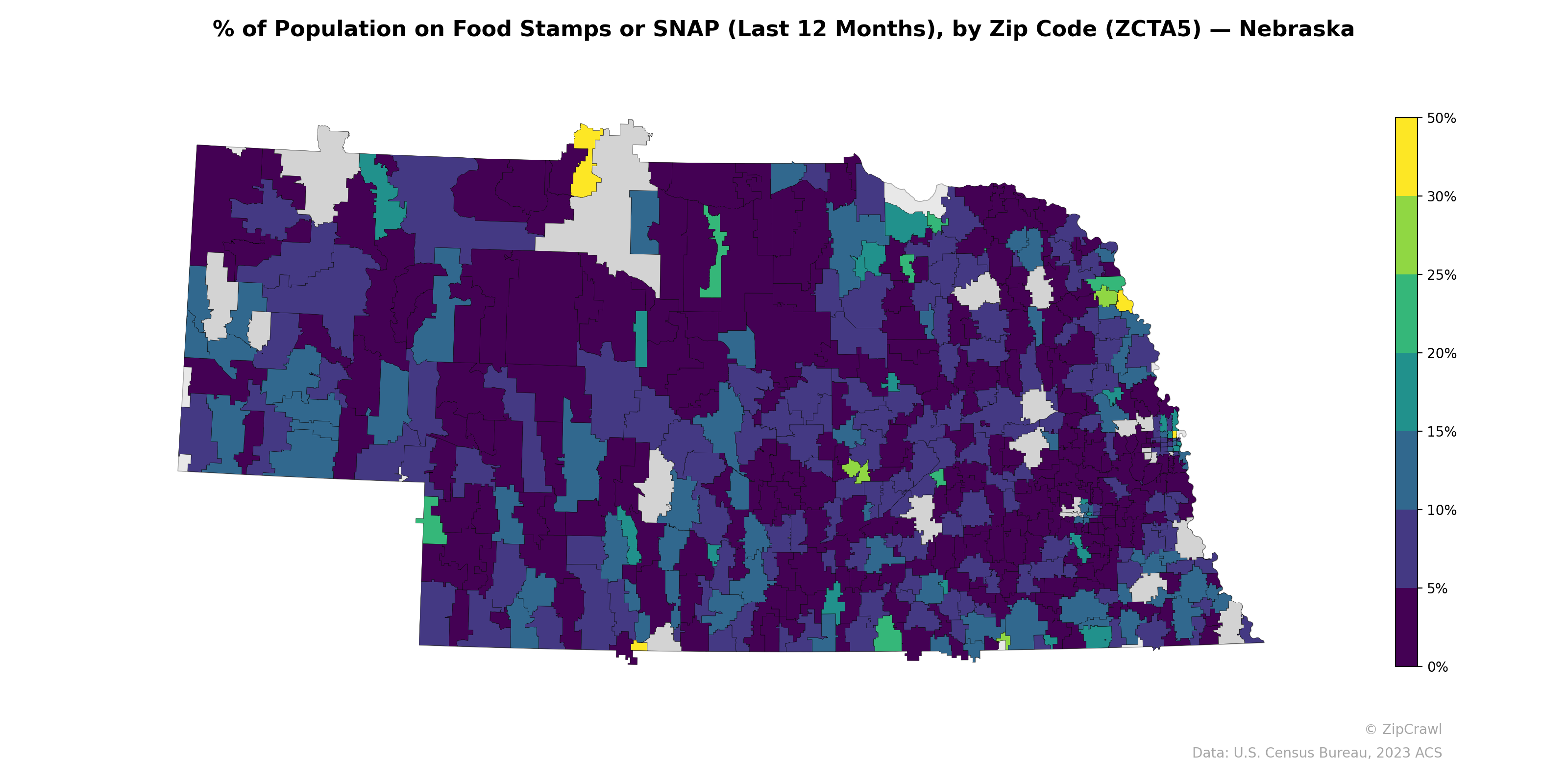 % of Population on Food Stamps or SNAP (Last 12 Months), by Zip Code (ZCTA5) — Nebraska