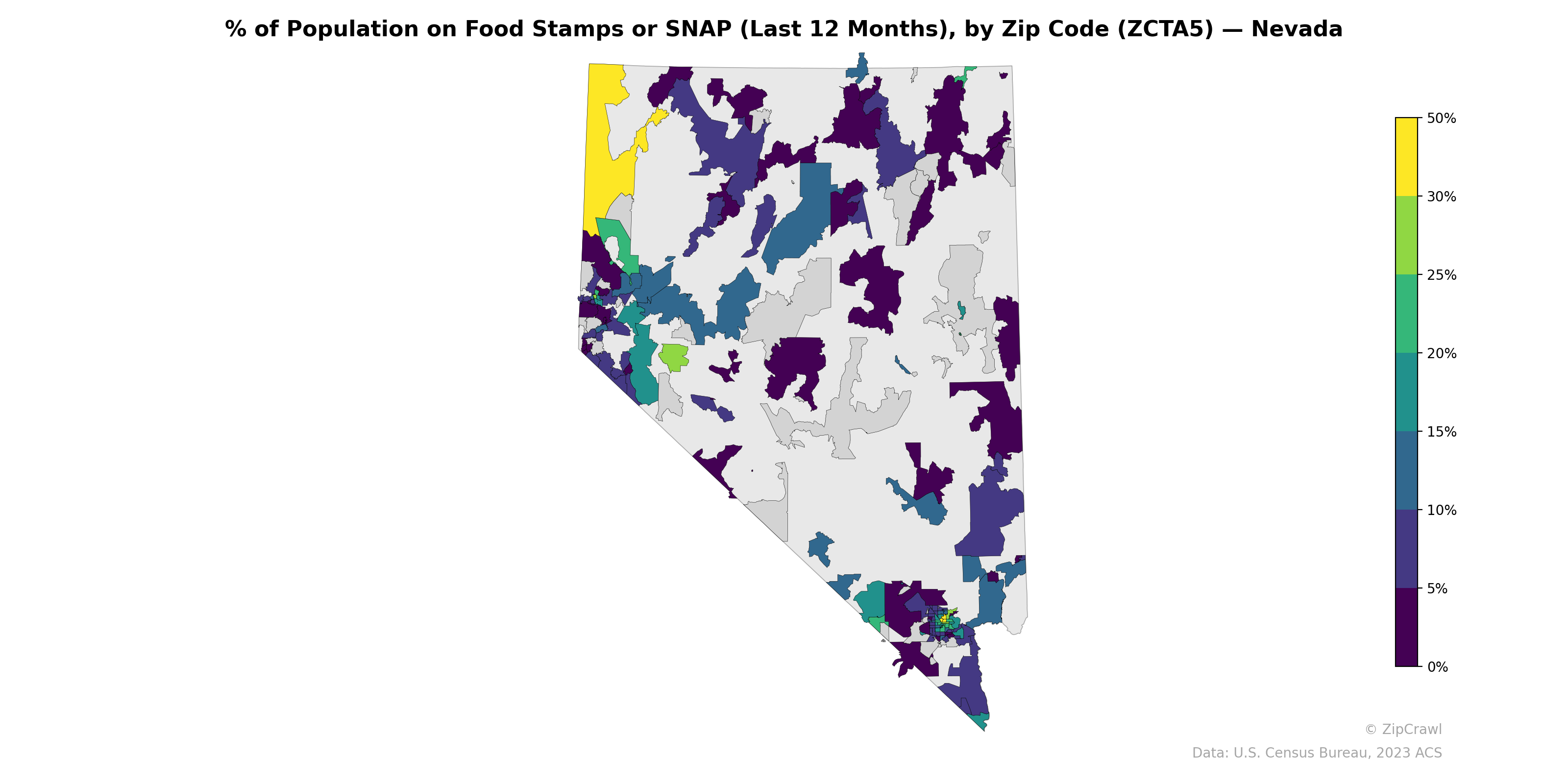% of Population on Food Stamps or SNAP (Last 12 Months), by Zip Code (ZCTA5) — Nevada