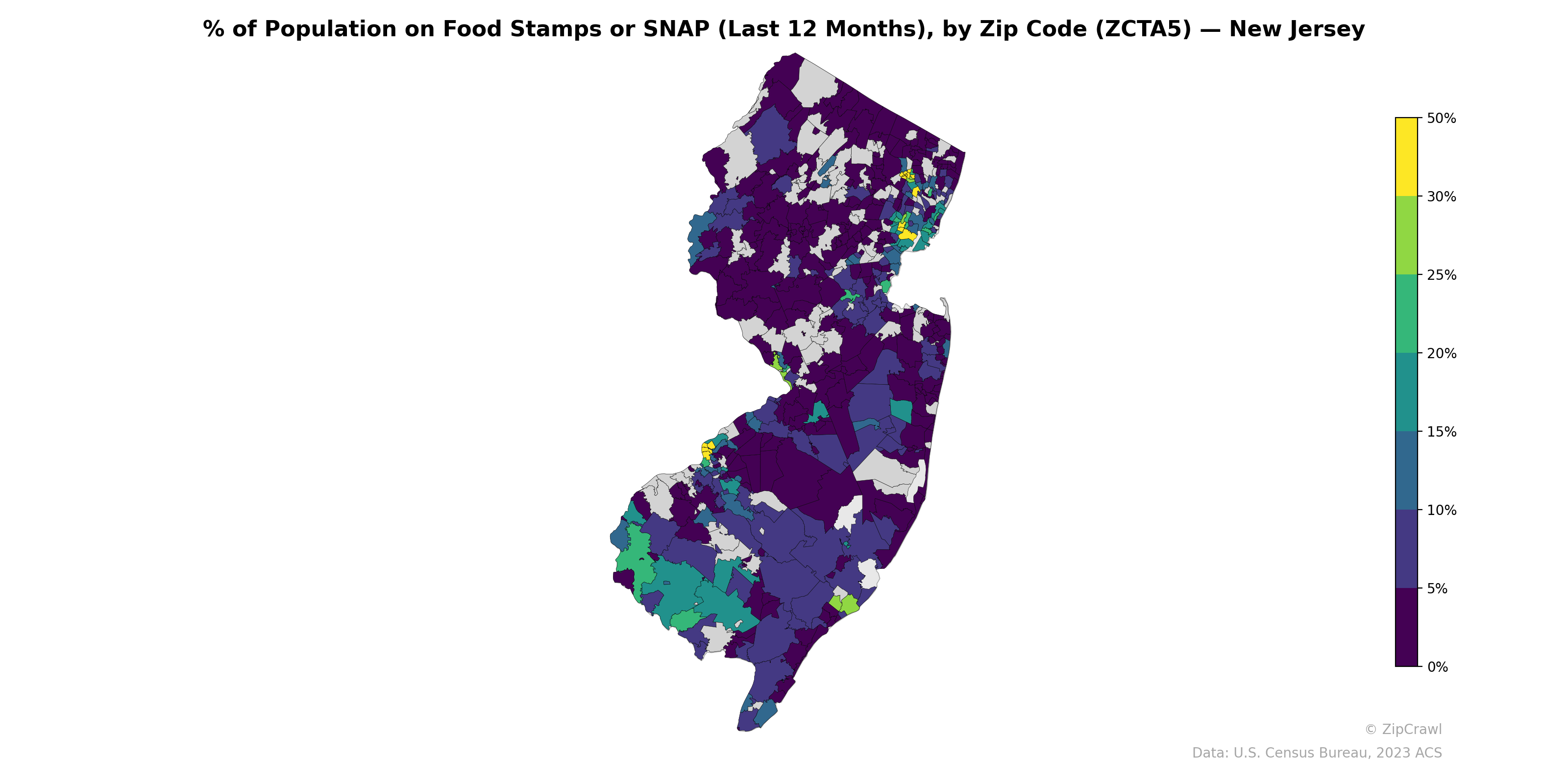 % of Population on Food Stamps or SNAP (Last 12 Months), by Zip Code (ZCTA5) — New Jersey