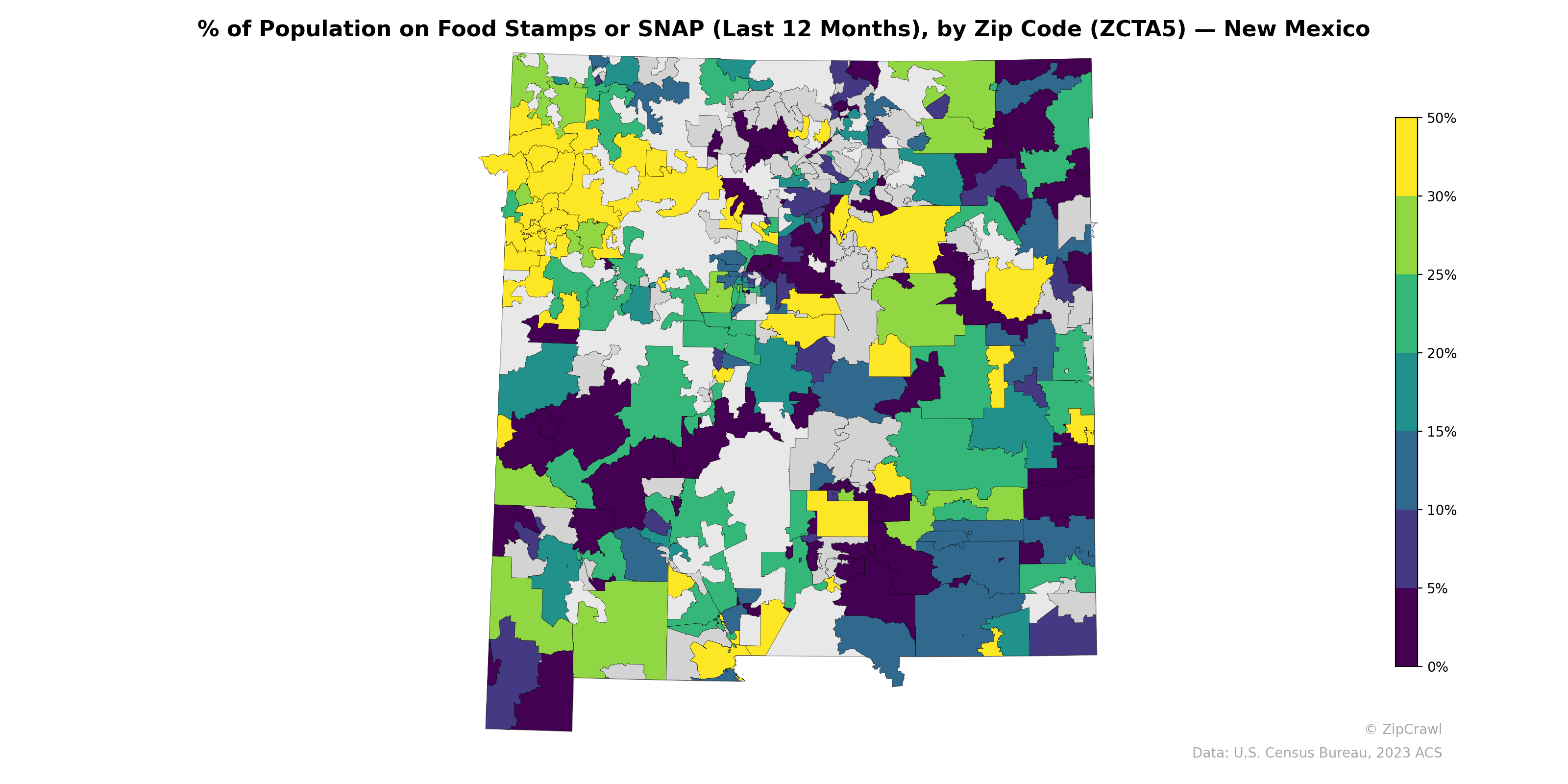 % of Population on Food Stamps or SNAP (Last 12 Months), by Zip Code (ZCTA5) — New Mexico