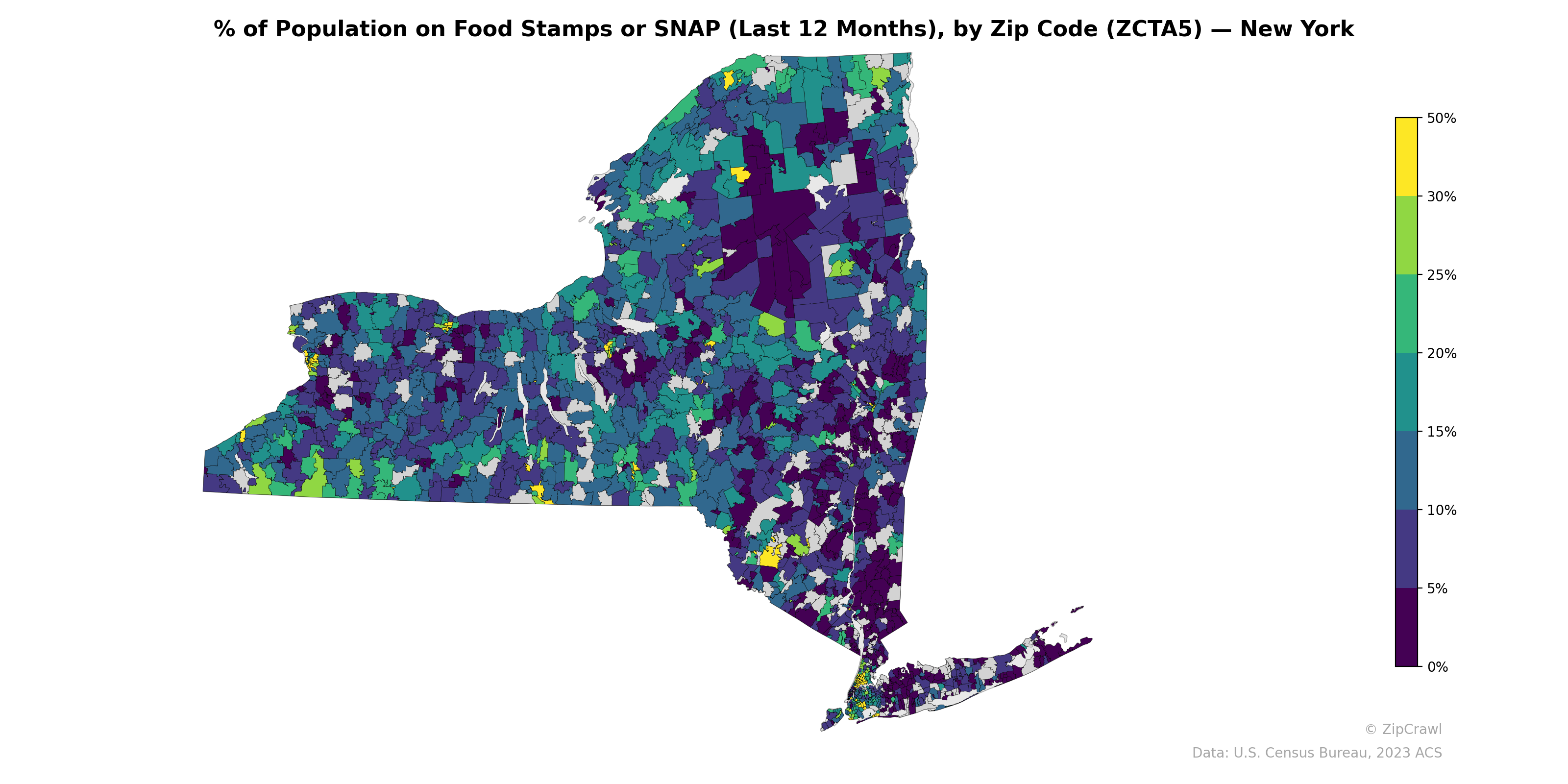 % of Population on Food Stamps or SNAP (Last 12 Months), by Zip Code (ZCTA5) — New York
