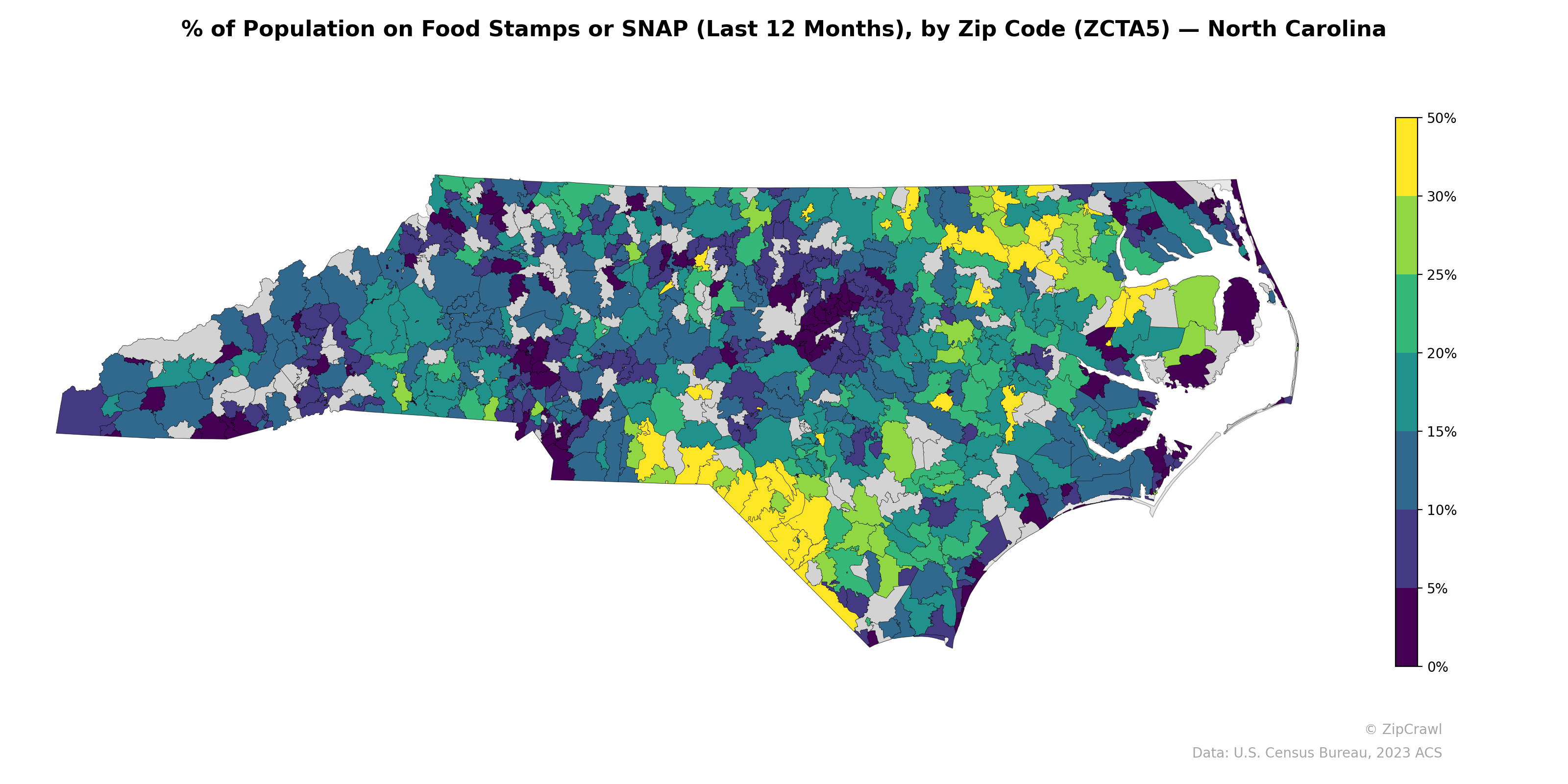 % of Population on Food Stamps or SNAP (Last 12 Months), by Zip Code (ZCTA5) — North Carolina