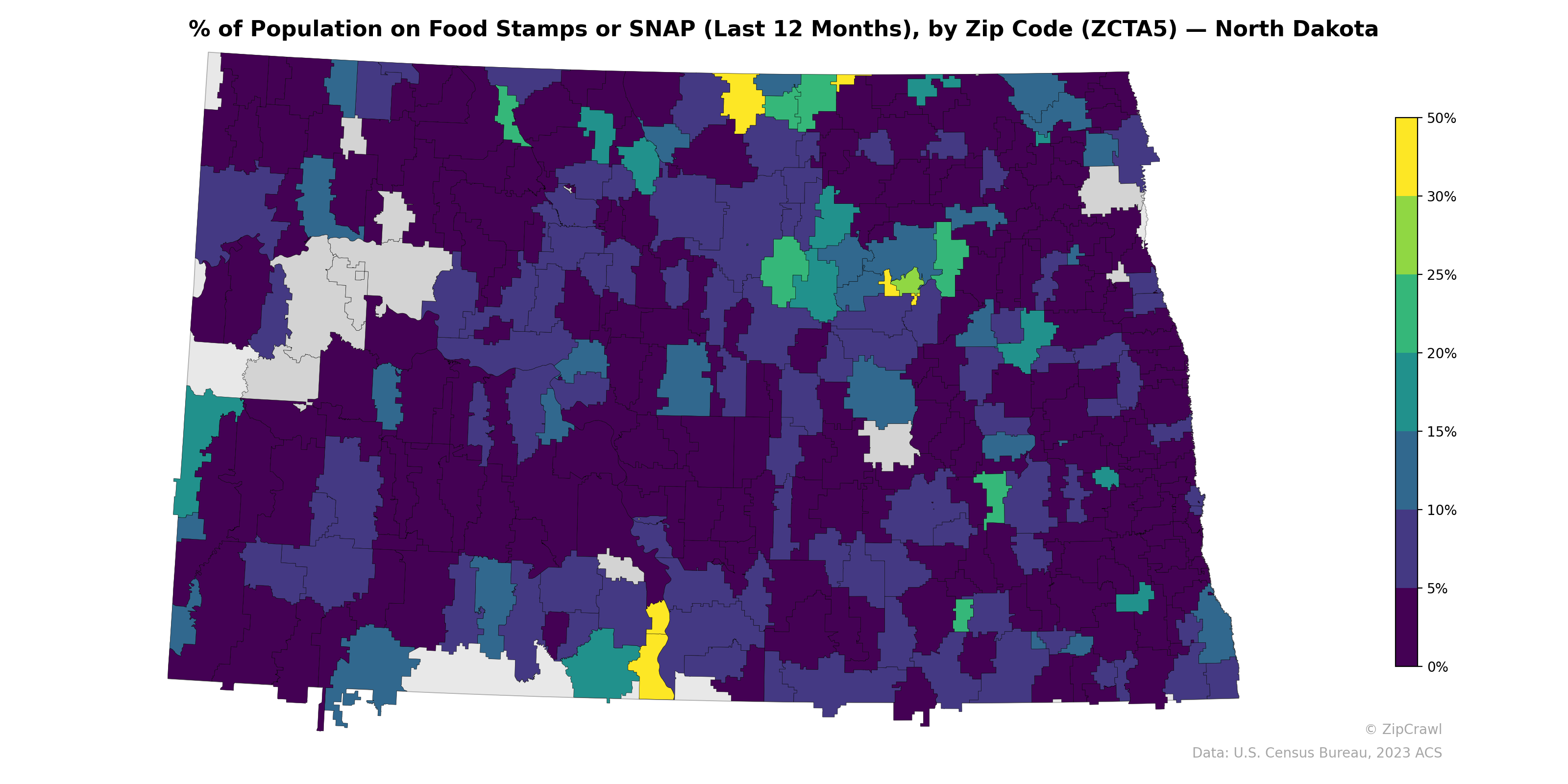 % of Population on Food Stamps or SNAP (Last 12 Months), by Zip Code (ZCTA5) — North Dakota