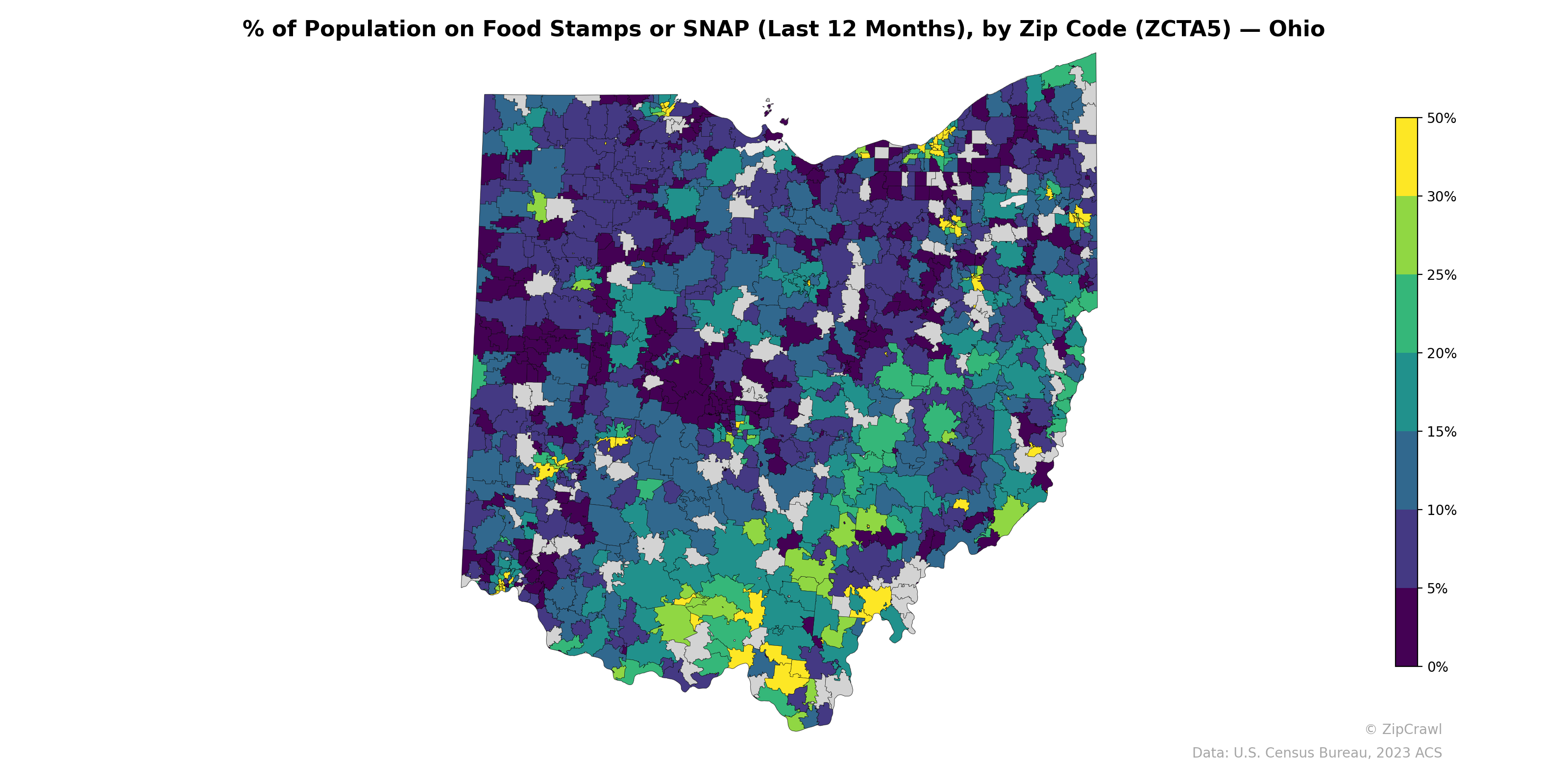 % of Population on Food Stamps or SNAP (Last 12 Months), by Zip Code (ZCTA5) — Ohio