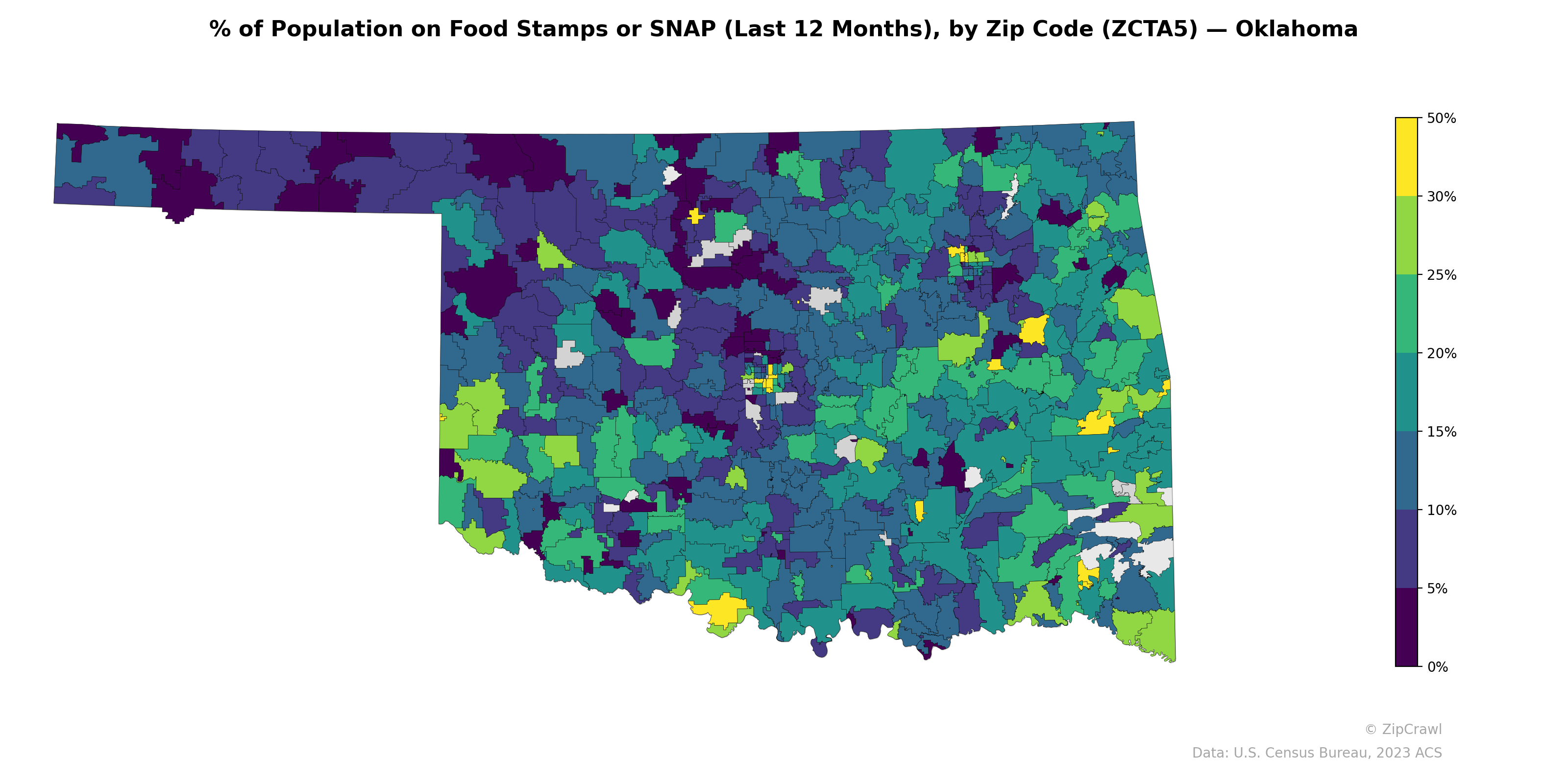 % of Population on Food Stamps or SNAP (Last 12 Months), by Zip Code (ZCTA5) — Oklahoma
