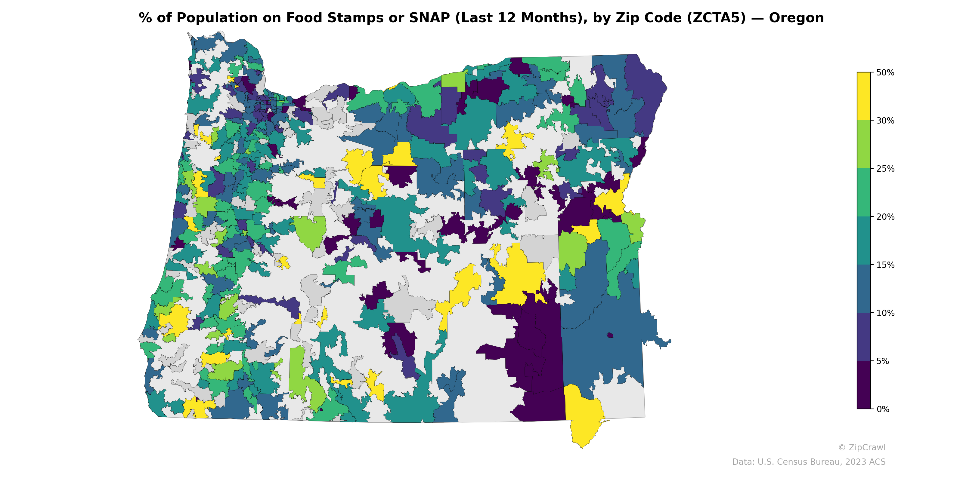 % of Population on Food Stamps or SNAP (Last 12 Months), by Zip Code (ZCTA5) — Oregon