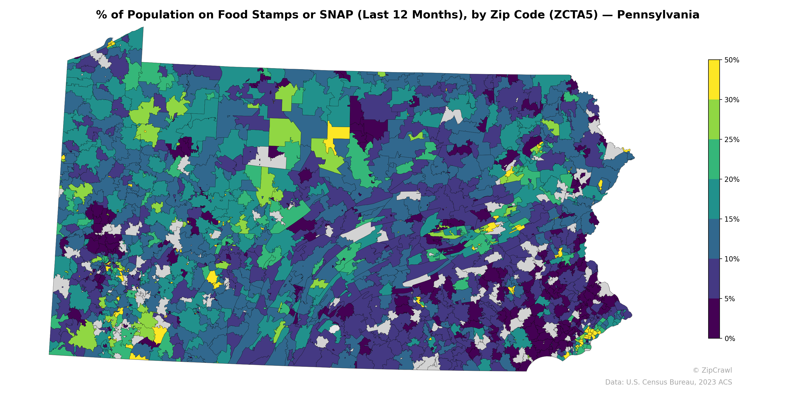 % of Population on Food Stamps or SNAP (Last 12 Months), by Zip Code (ZCTA5) — Pennsylvania