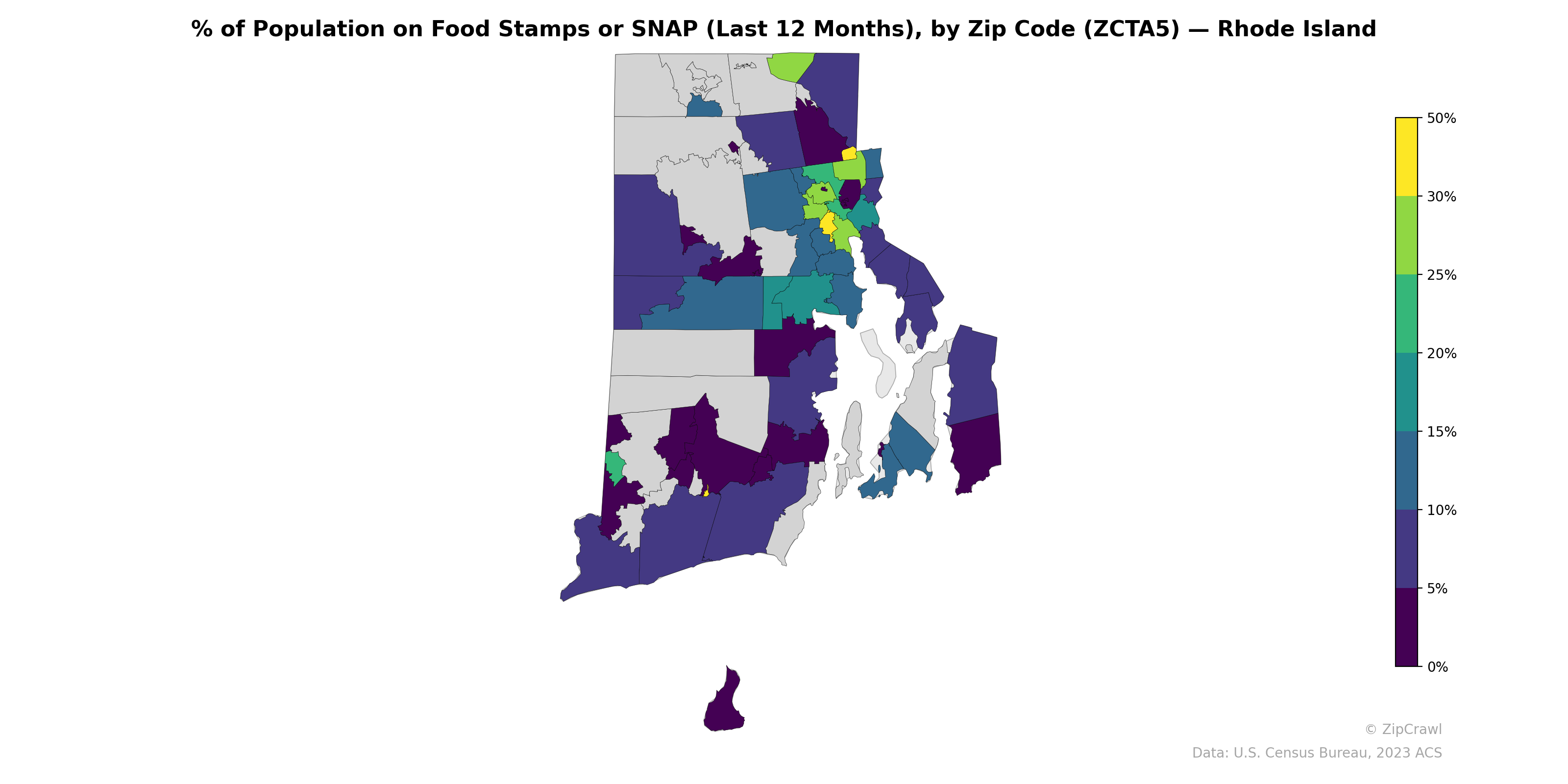 % of Population on Food Stamps or SNAP (Last 12 Months), by Zip Code (ZCTA5) — Rhode Island