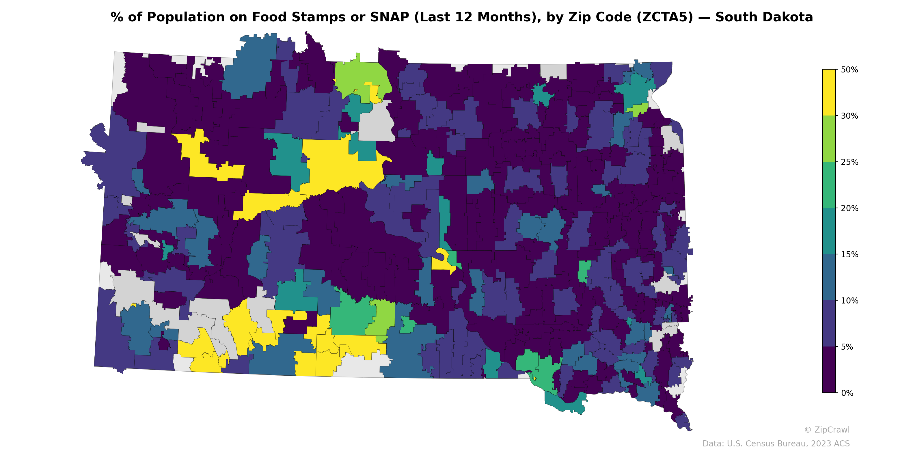 % of Population on Food Stamps or SNAP (Last 12 Months), by Zip Code (ZCTA5) — South Dakota