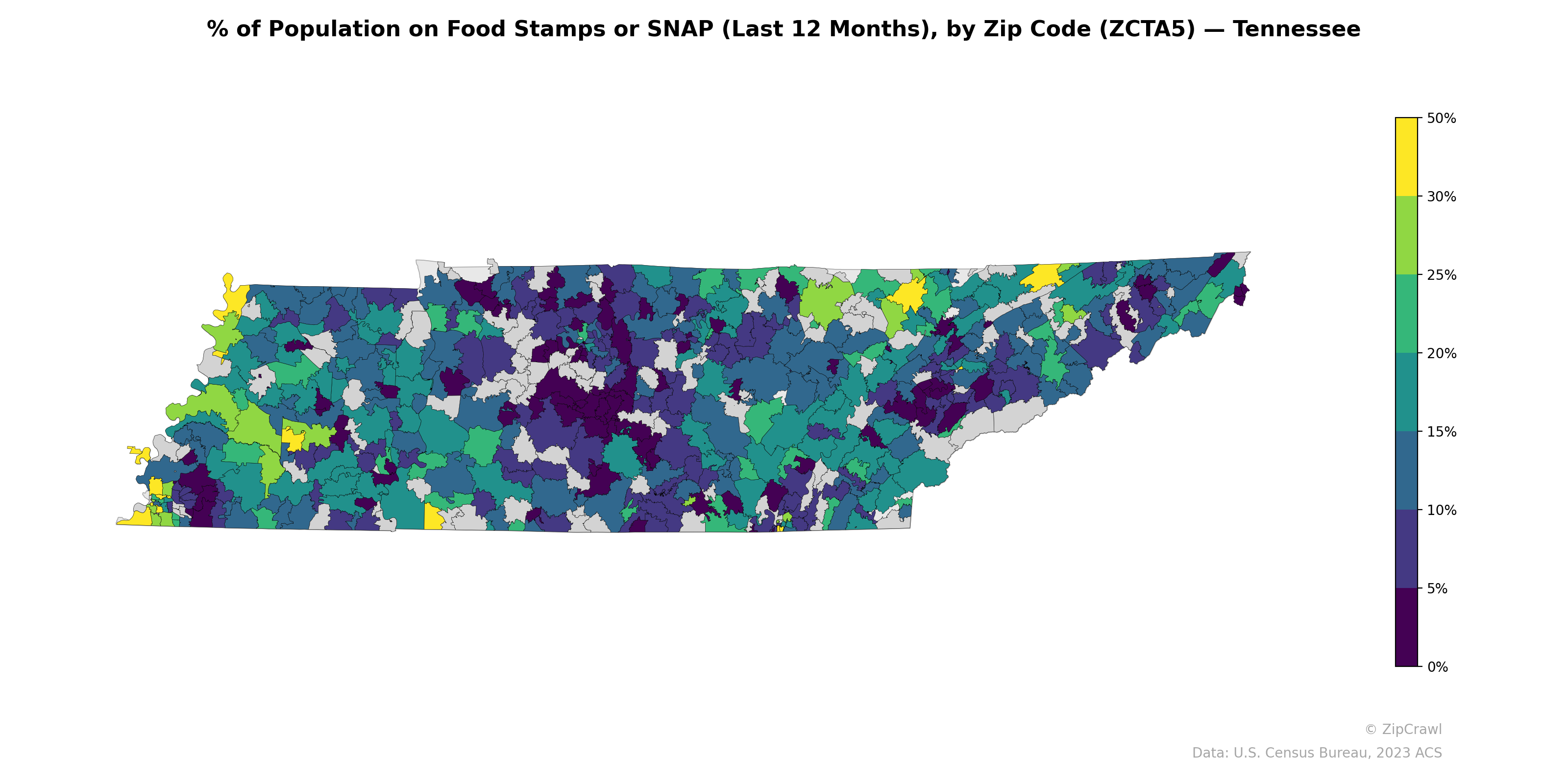 % of Population on Food Stamps or SNAP (Last 12 Months), by Zip Code (ZCTA5) — Tennessee