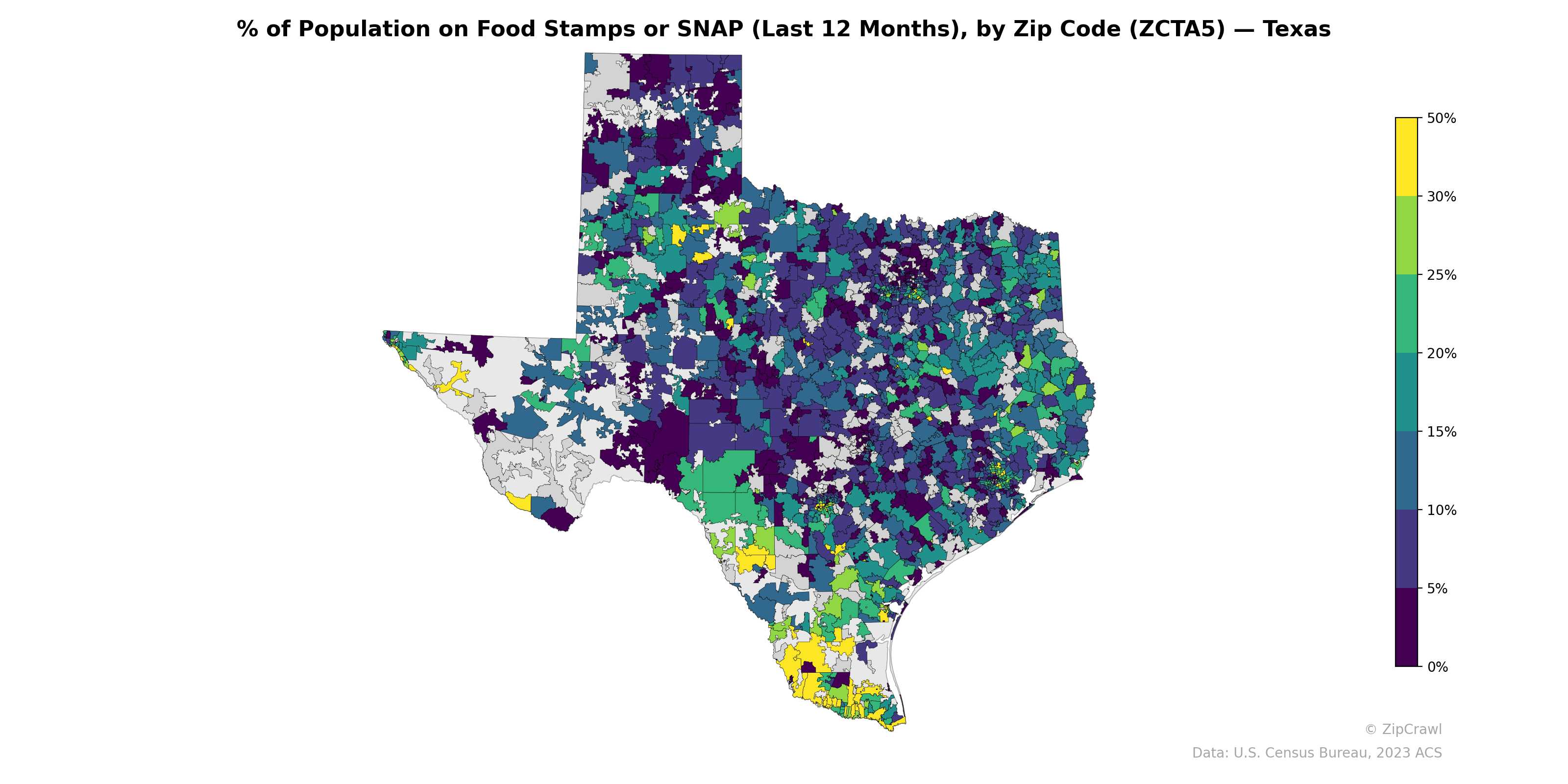 % of Population on Food Stamps or SNAP (Last 12 Months), by Zip Code (ZCTA5) — Texas