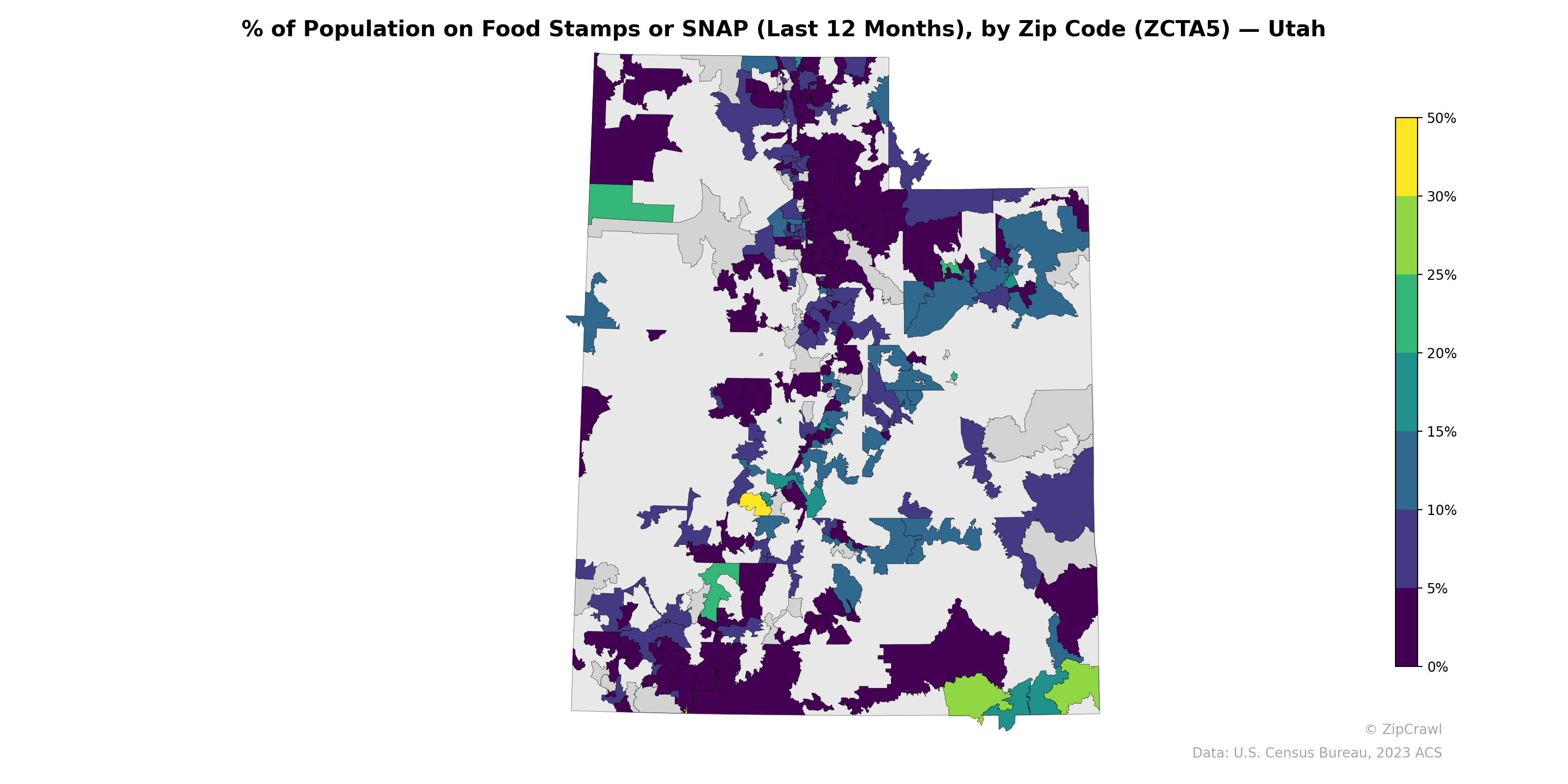 % of Population on Food Stamps or SNAP (Last 12 Months), by Zip Code (ZCTA5) — Utah