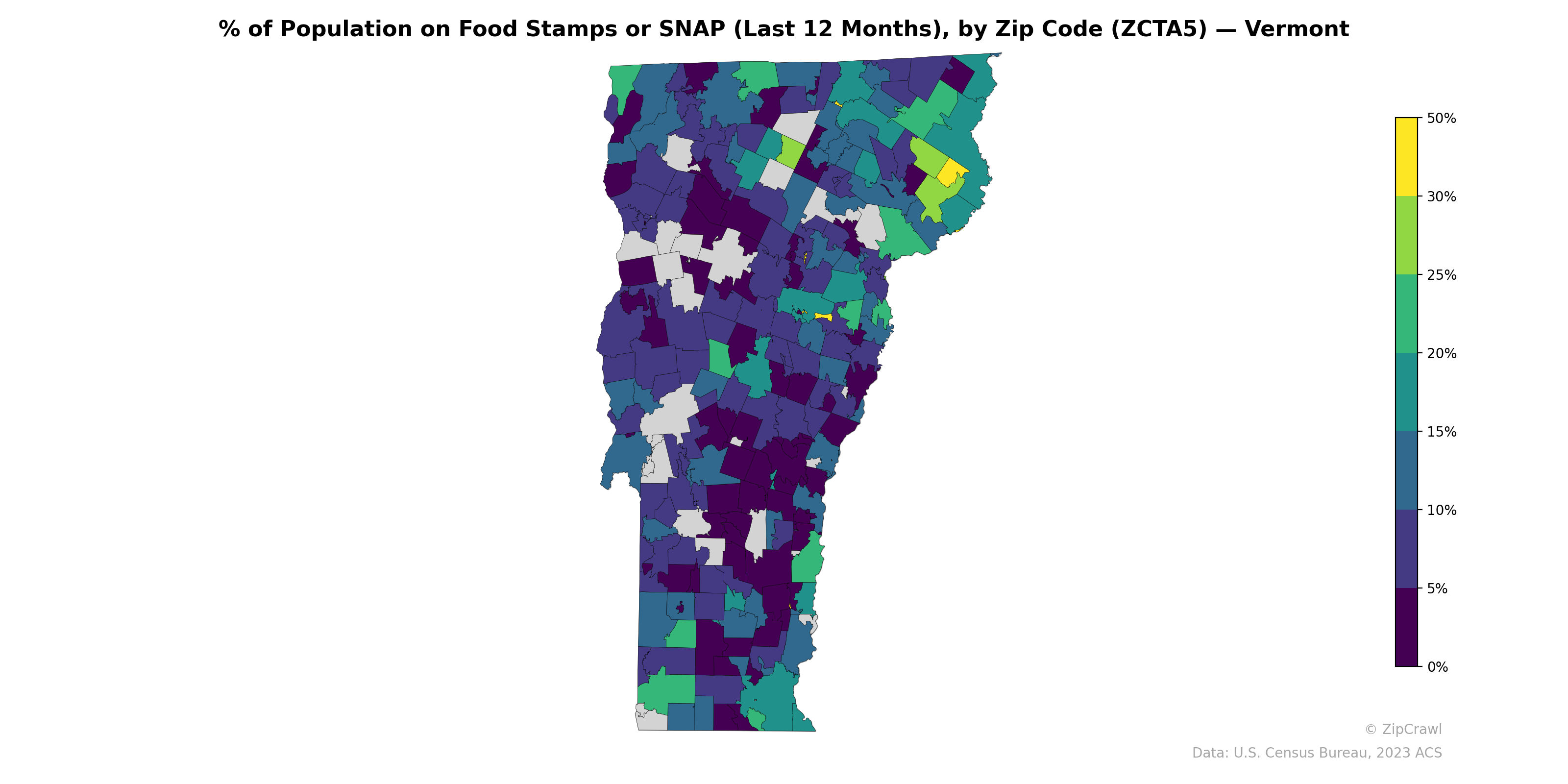 % of Population on Food Stamps or SNAP (Last 12 Months), by Zip Code (ZCTA5) — Vermont