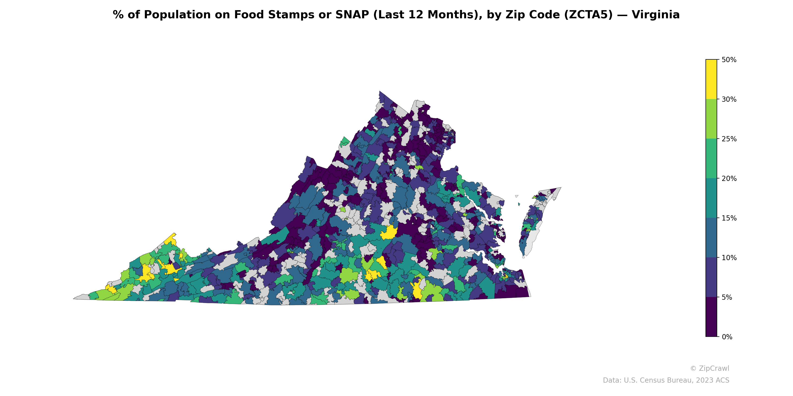 % of Population on Food Stamps or SNAP (Last 12 Months), by Zip Code (ZCTA5) — Virginia