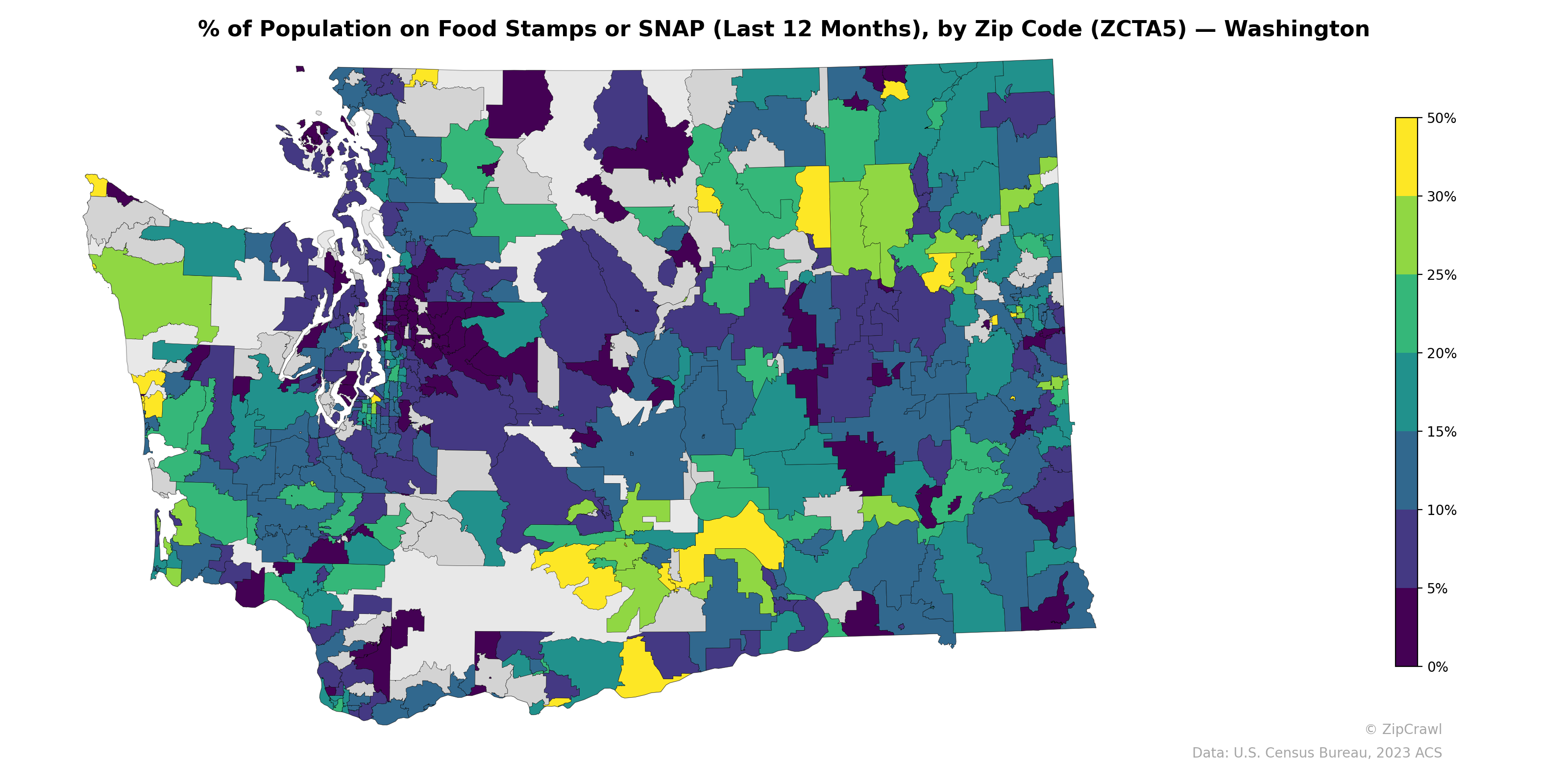 % of Population on Food Stamps or SNAP (Last 12 Months), by Zip Code (ZCTA5) — Washington