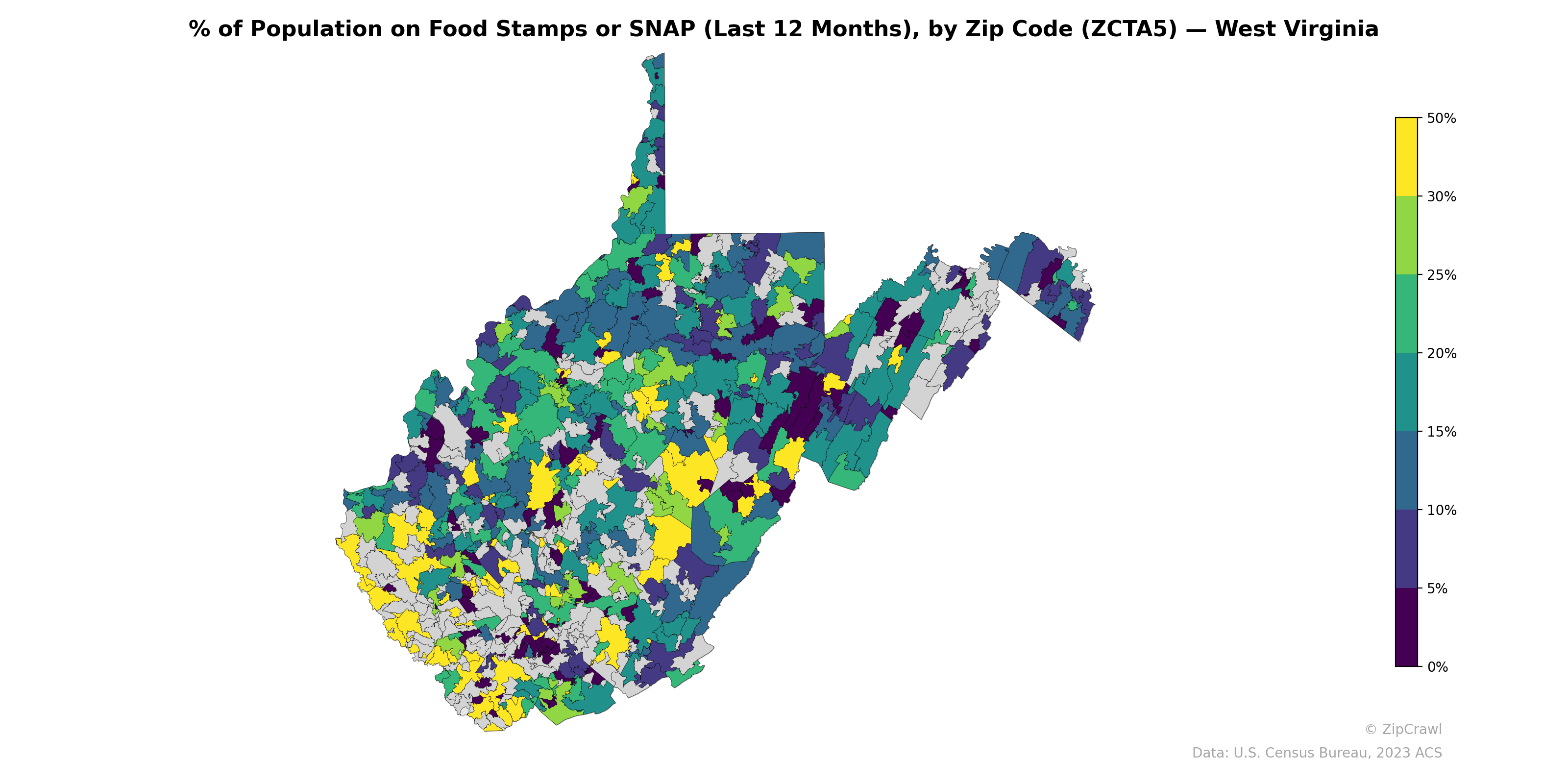 % of Population on Food Stamps or SNAP (Last 12 Months), by Zip Code (ZCTA5) — West Virginia