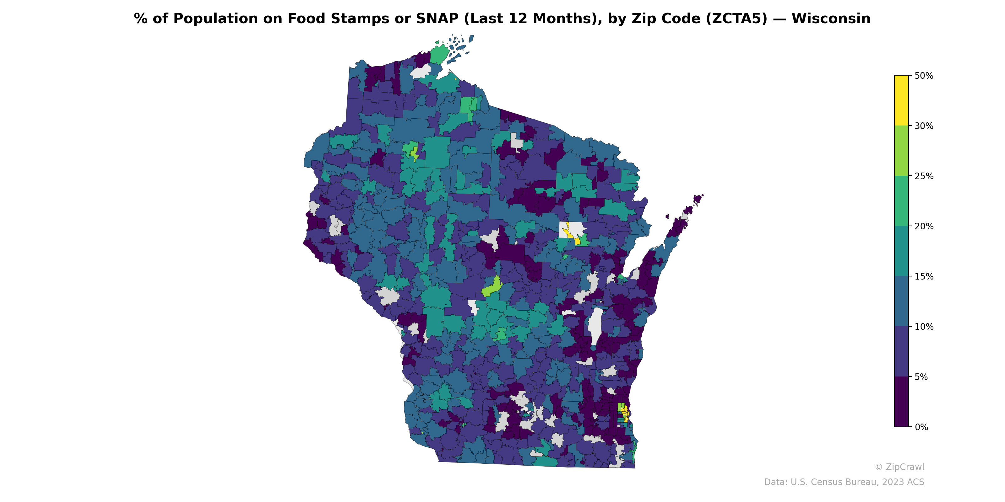% of Population on Food Stamps or SNAP (Last 12 Months), by Zip Code (ZCTA5) — Wisconsin