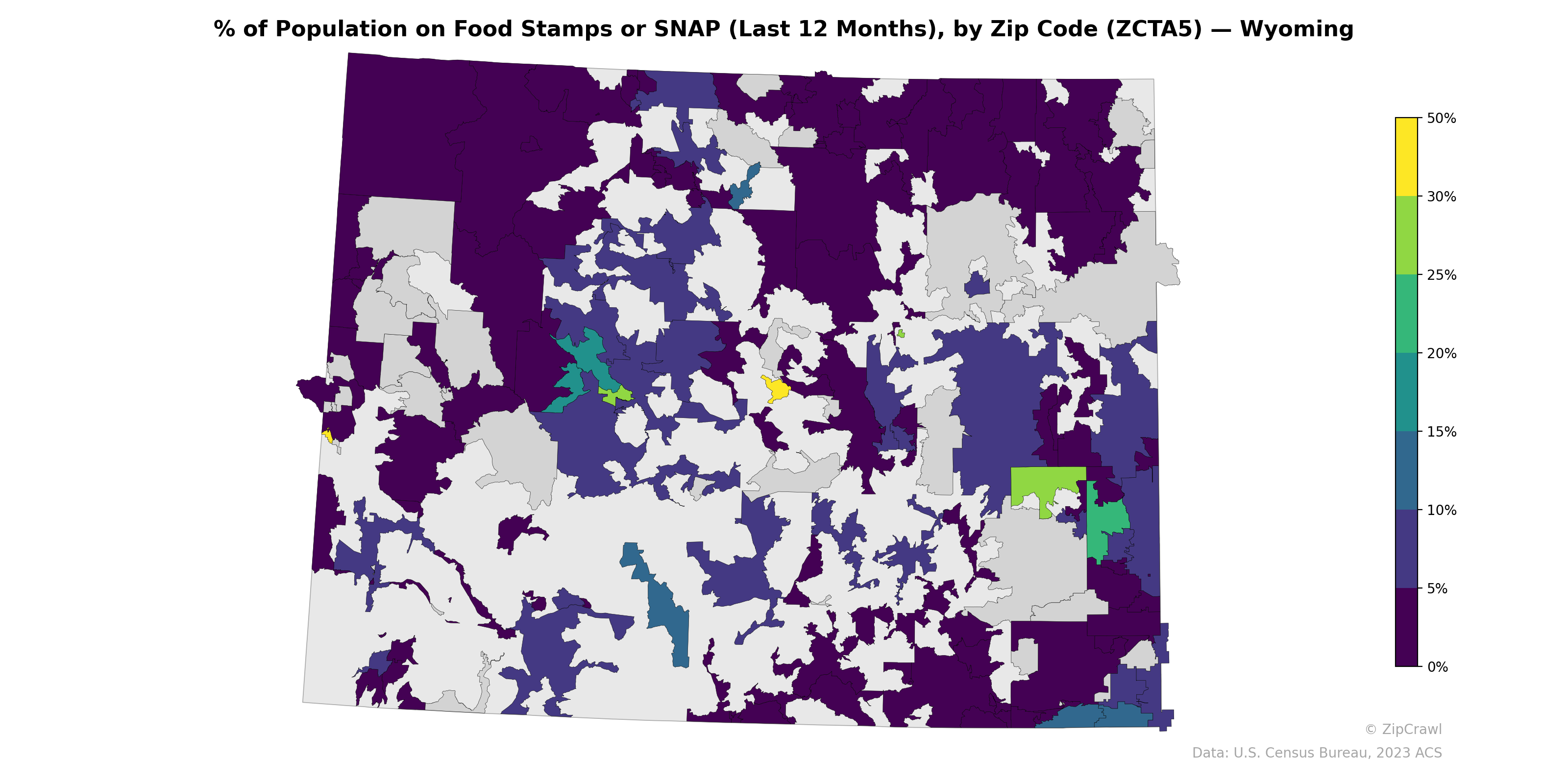 % of Population on Food Stamps or SNAP (Last 12 Months), by Zip Code (ZCTA5) — Wyoming