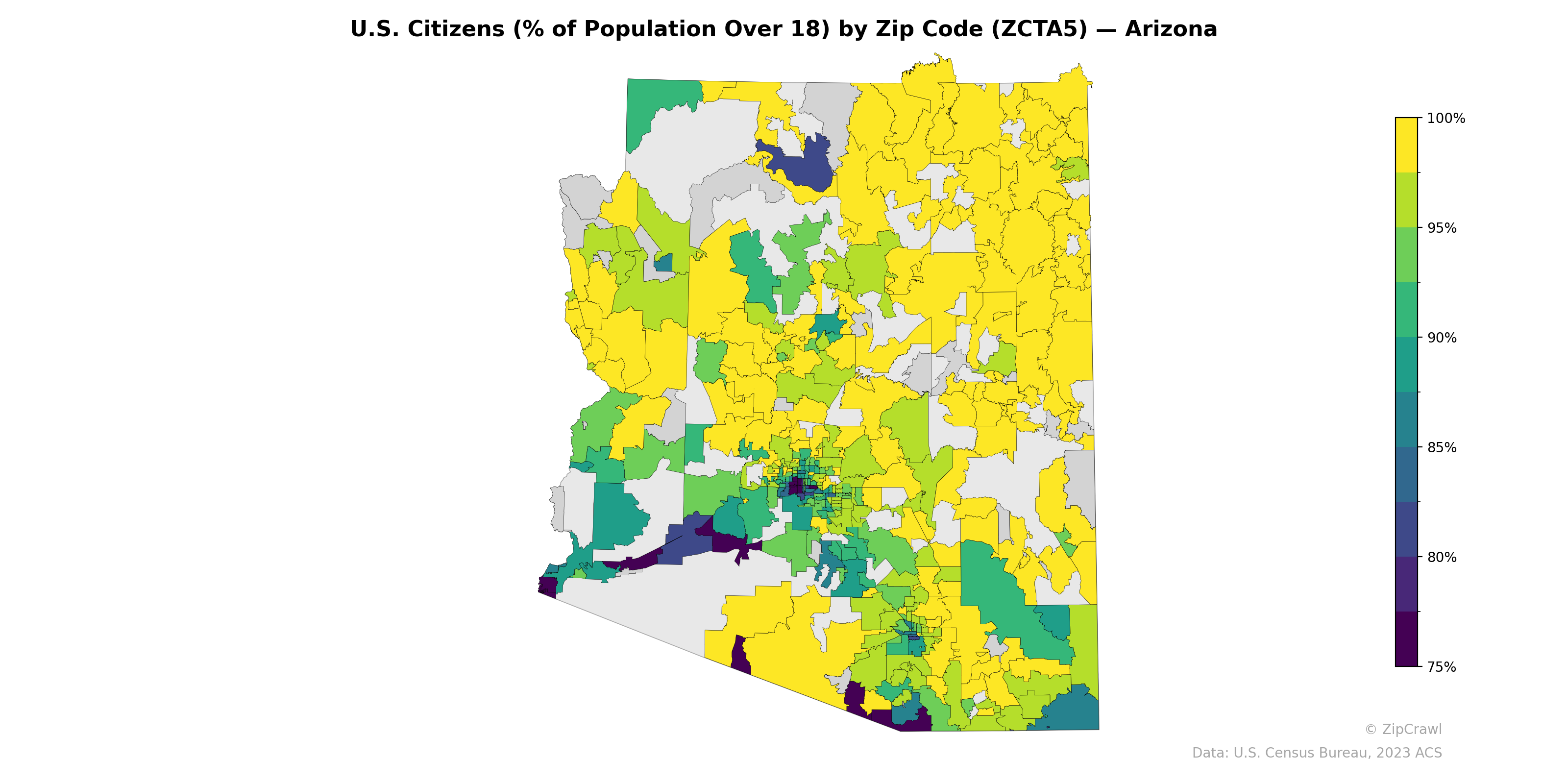 U.S. Citizens (% of Population Over 18) by Zip Code (ZCTA5) — Arizona