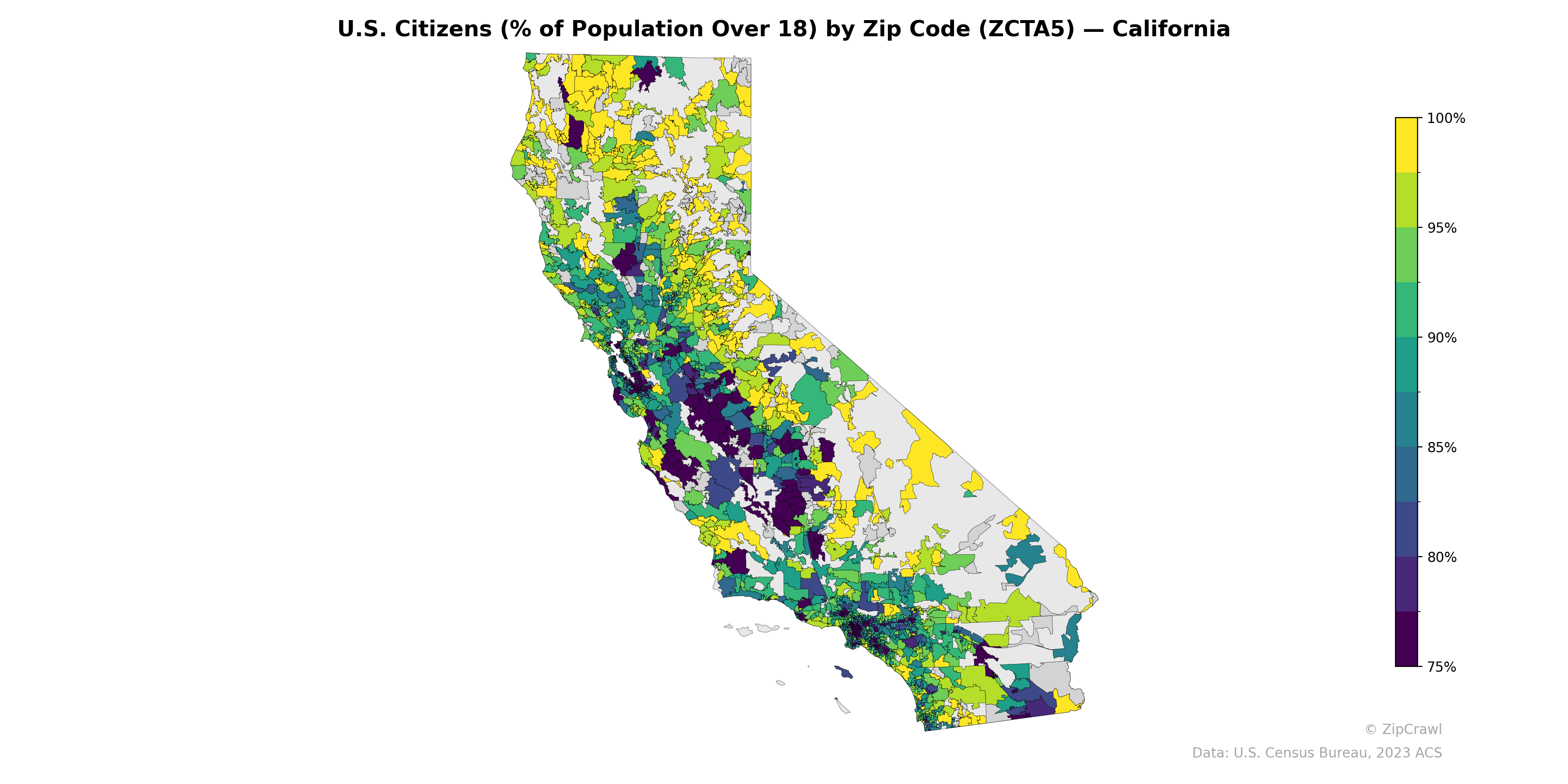 U.S. Citizens (% of Population Over 18) by Zip Code (ZCTA5) — California