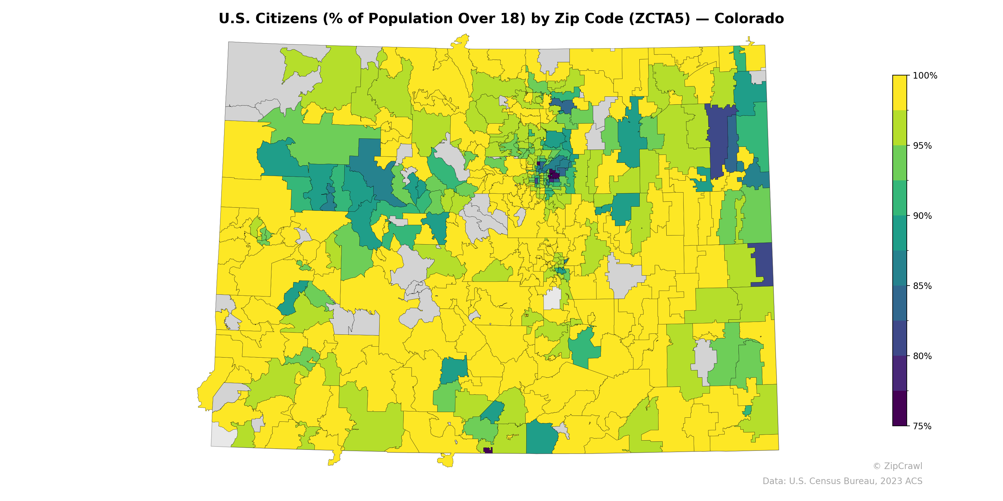 U.S. Citizens (% of Population Over 18) by Zip Code (ZCTA5) — Colorado