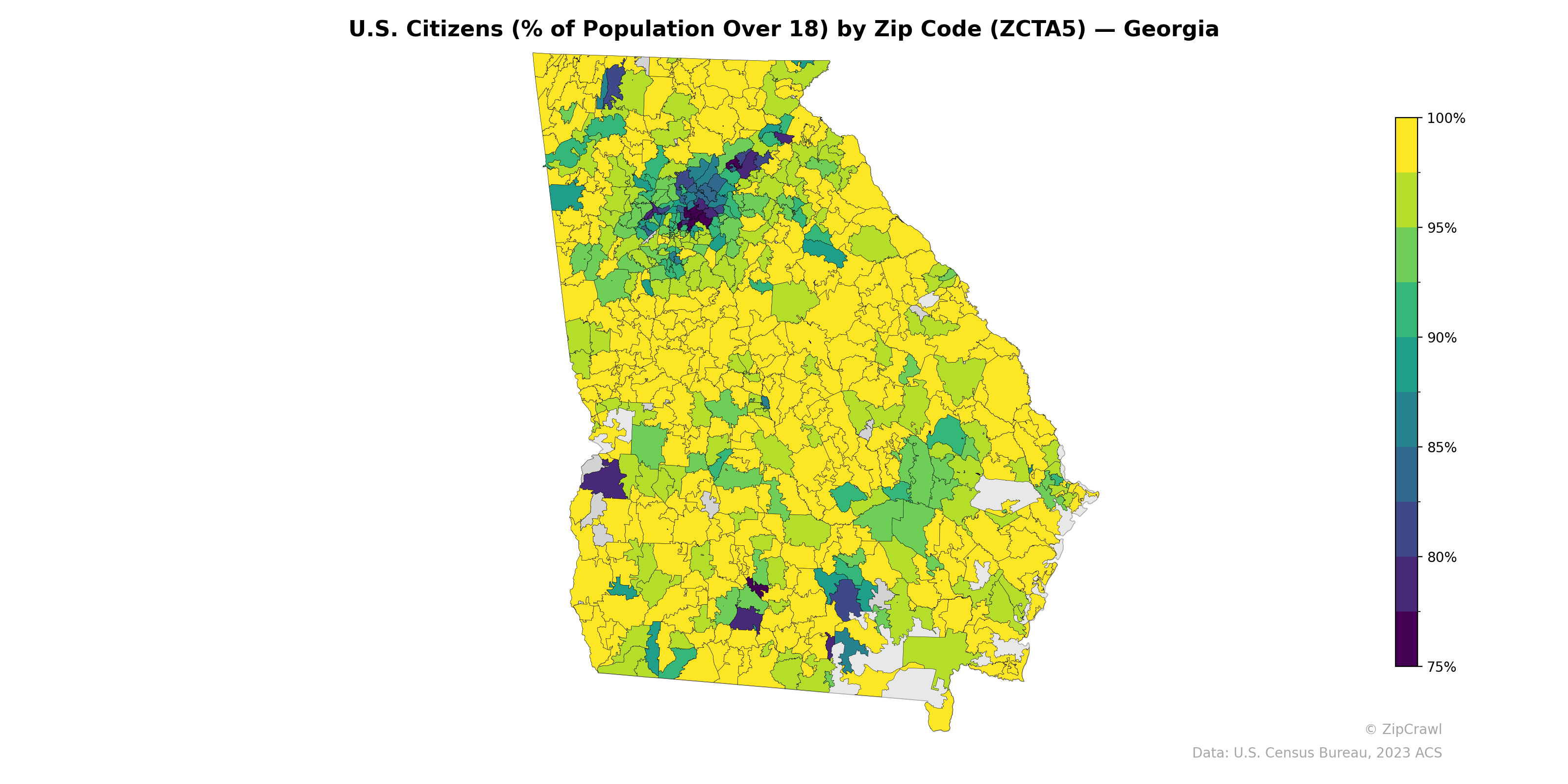 U.S. Citizens (% of Population Over 18) by Zip Code (ZCTA5) — Georgia