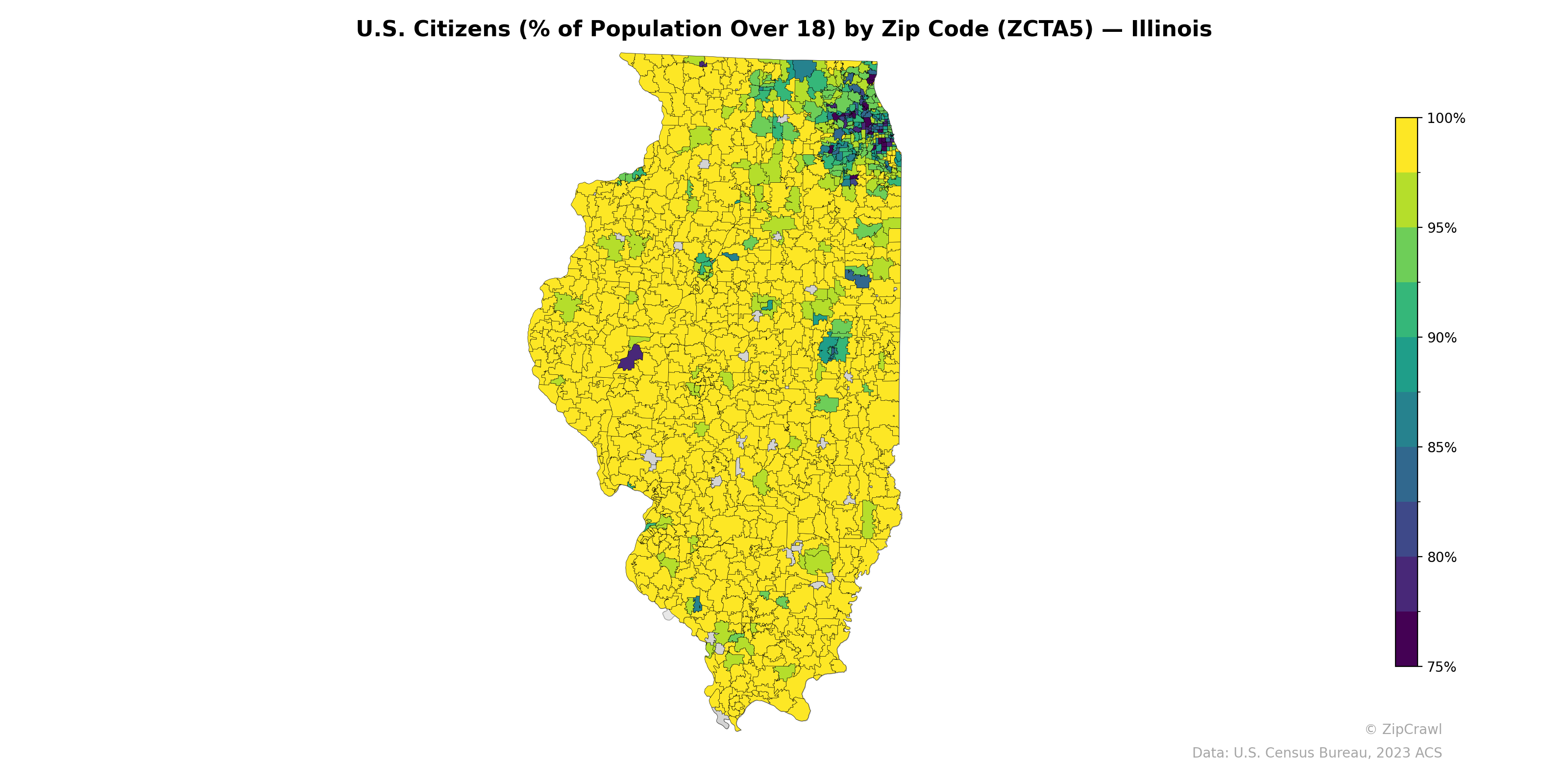 U.S. Citizens (% of Population Over 18) by Zip Code (ZCTA5) — Illinois