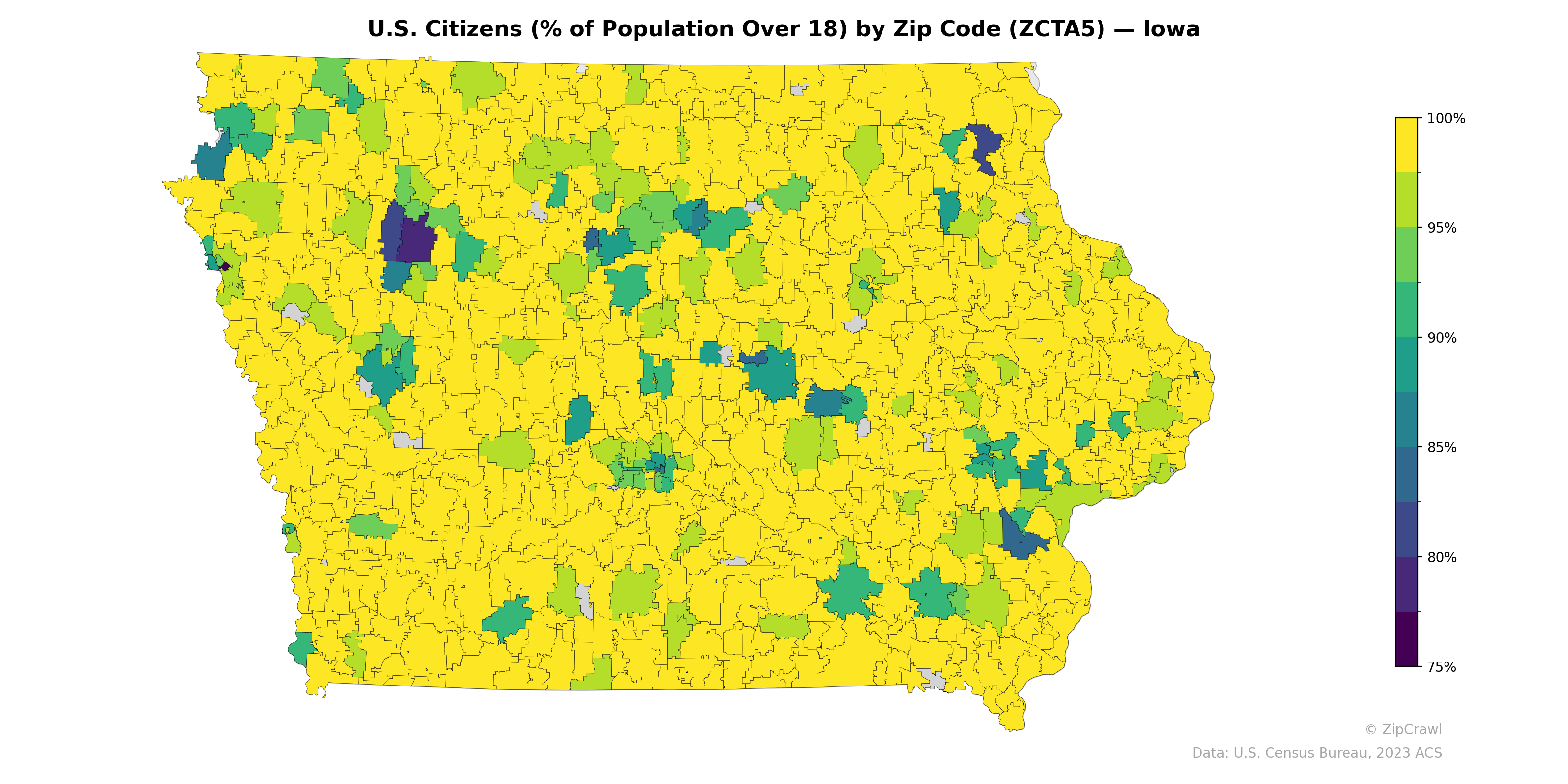 U.S. Citizens (% of Population Over 18) by Zip Code (ZCTA5) — Iowa