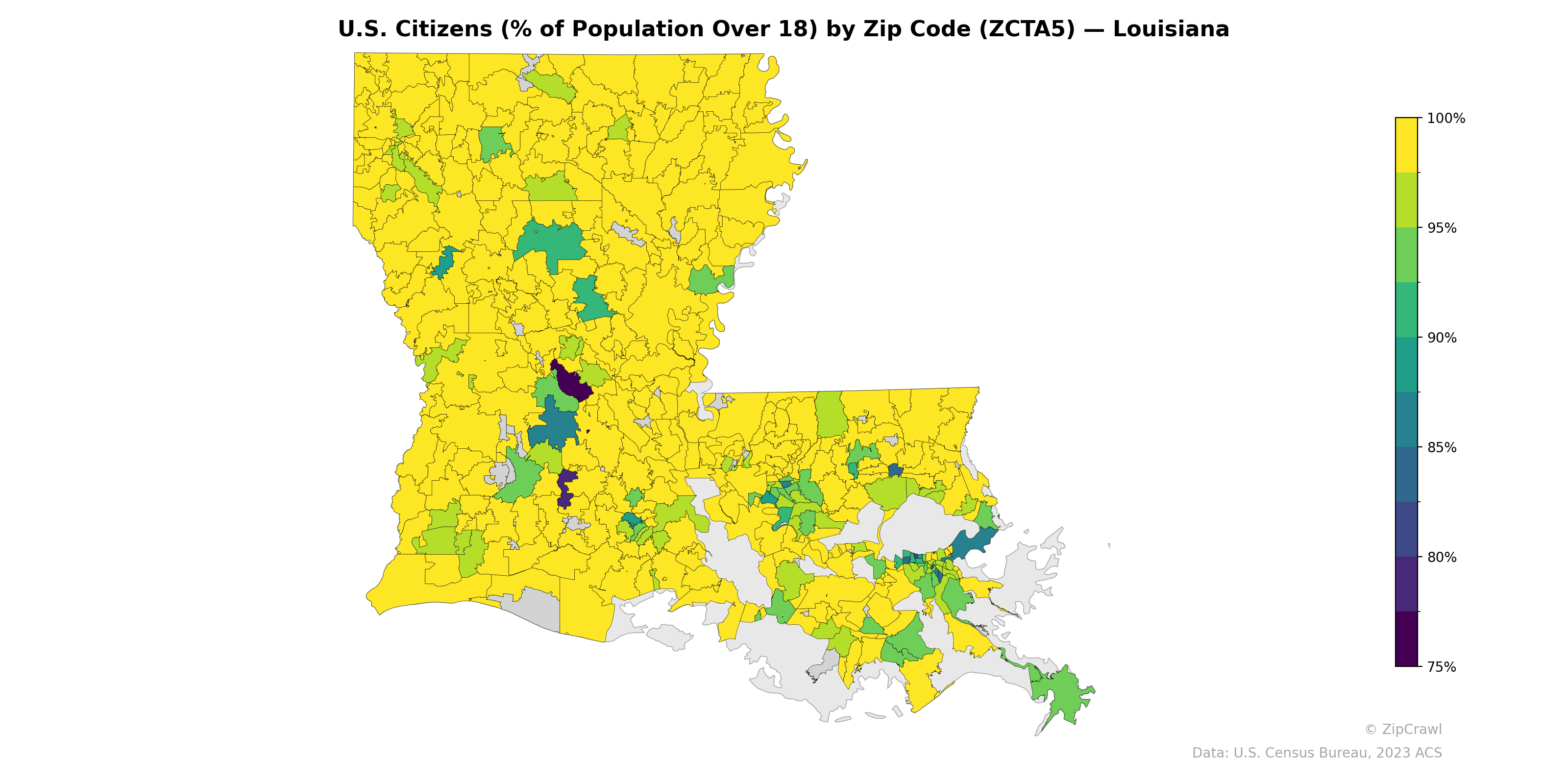 U.S. Citizens (% of Population Over 18) by Zip Code (ZCTA5) — Louisiana