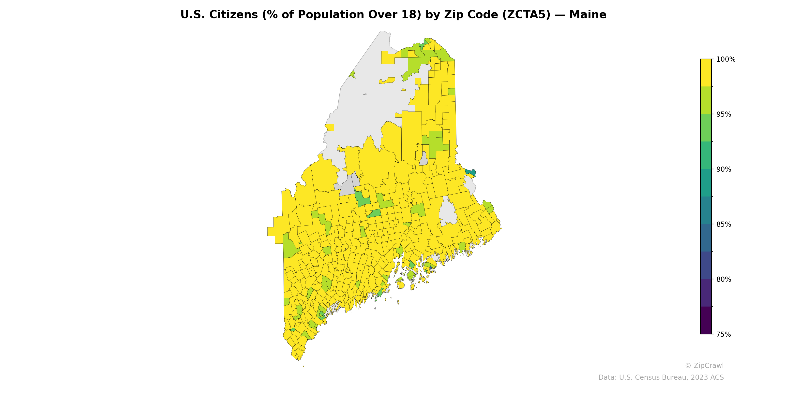U.S. Citizens (% of Population Over 18) by Zip Code (ZCTA5) — Maine