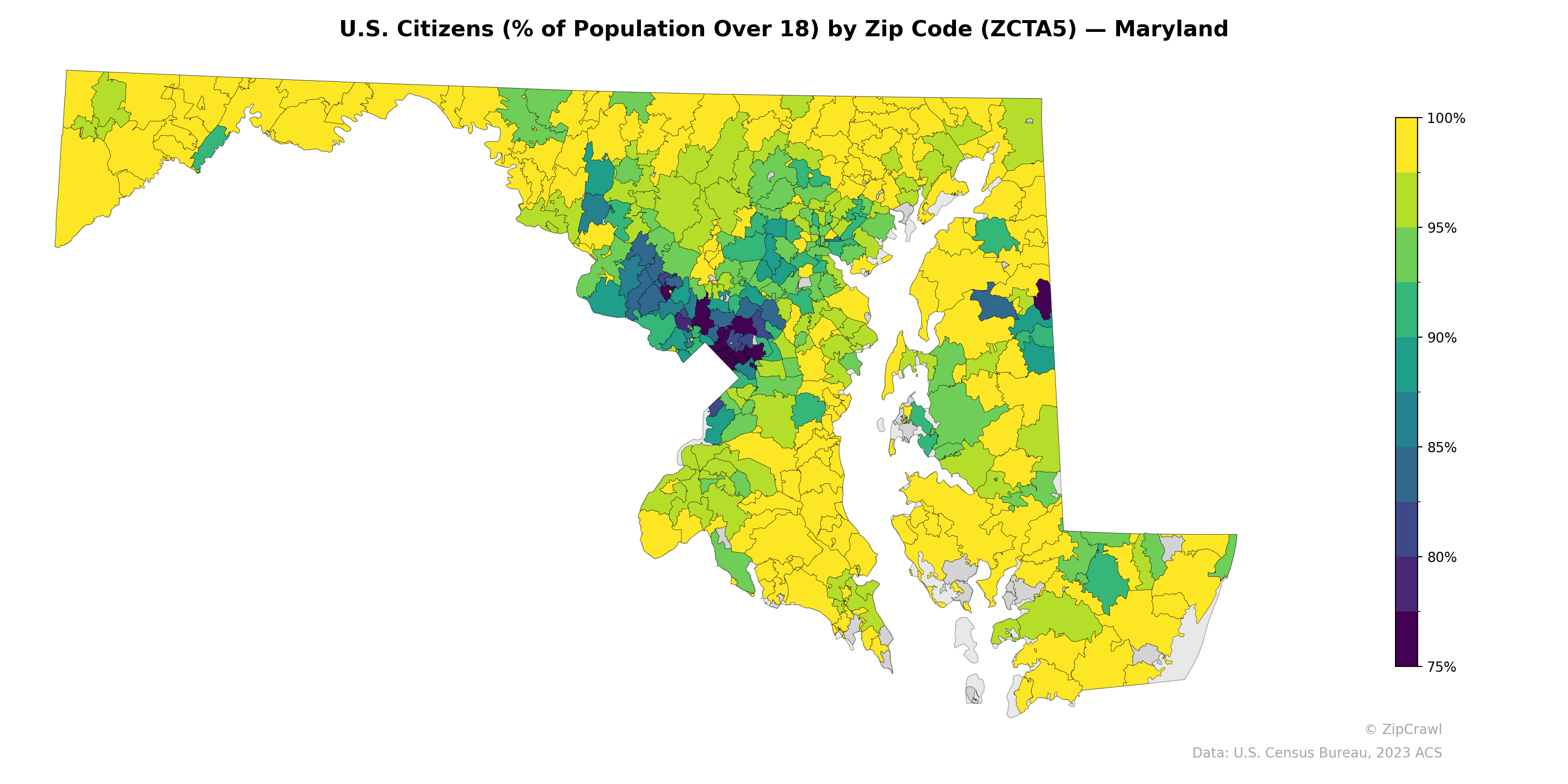 U.S. Citizens (% of Population Over 18) by Zip Code (ZCTA5) — Maryland