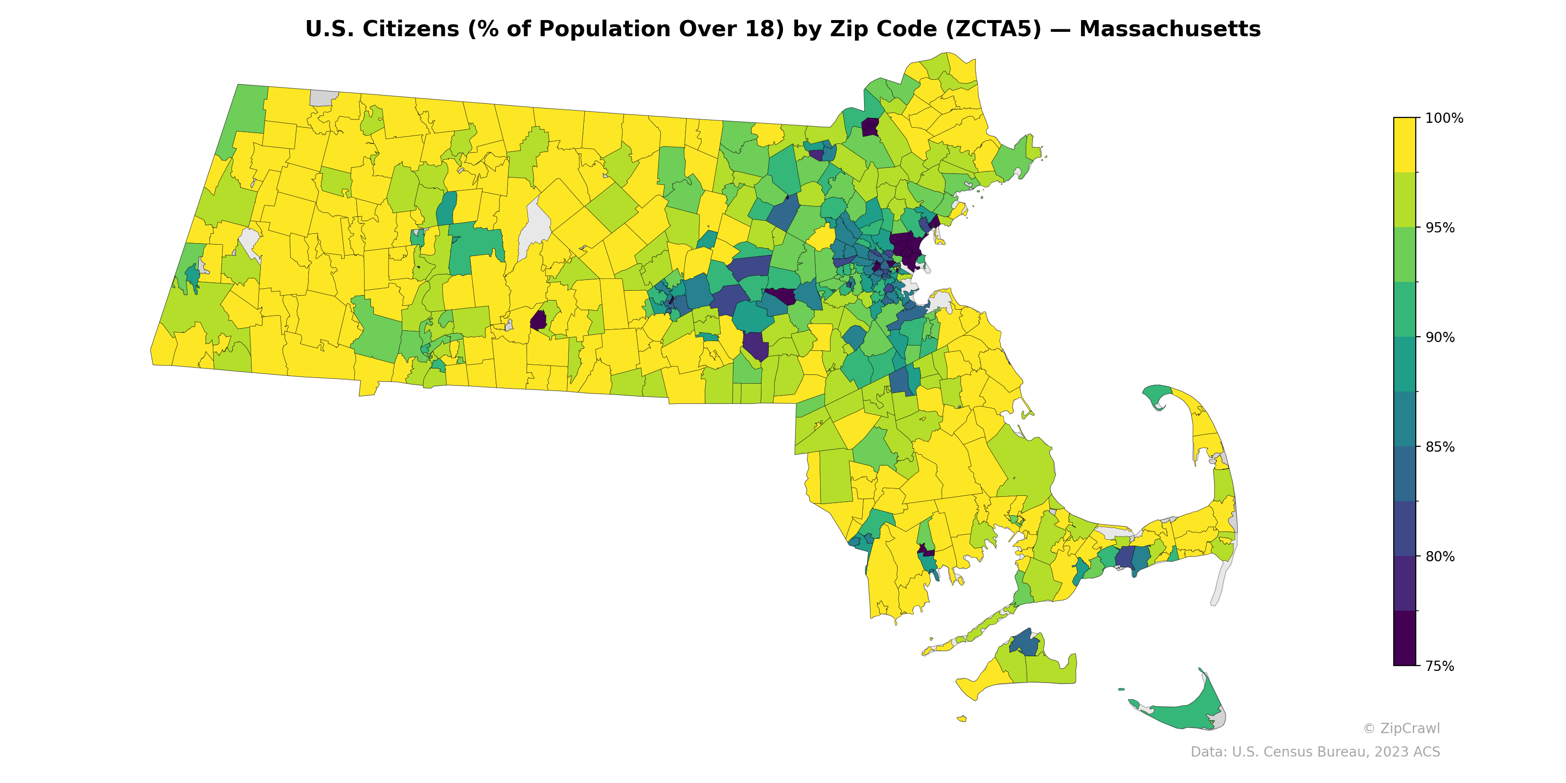 U.S. Citizens (% of Population Over 18) by Zip Code (ZCTA5) — Massachusetts