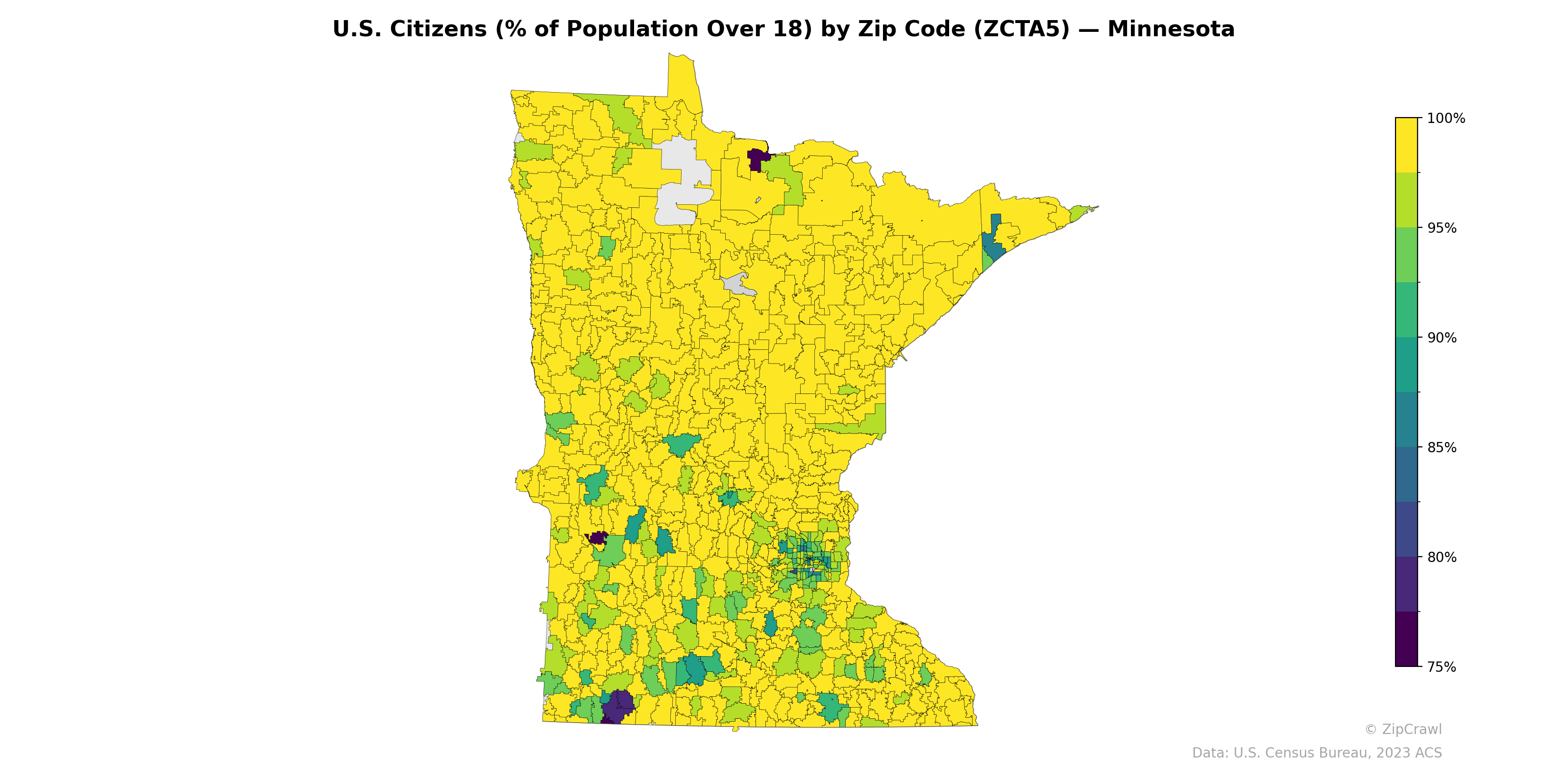 U.S. Citizens (% of Population Over 18) by Zip Code (ZCTA5) — Minnesota