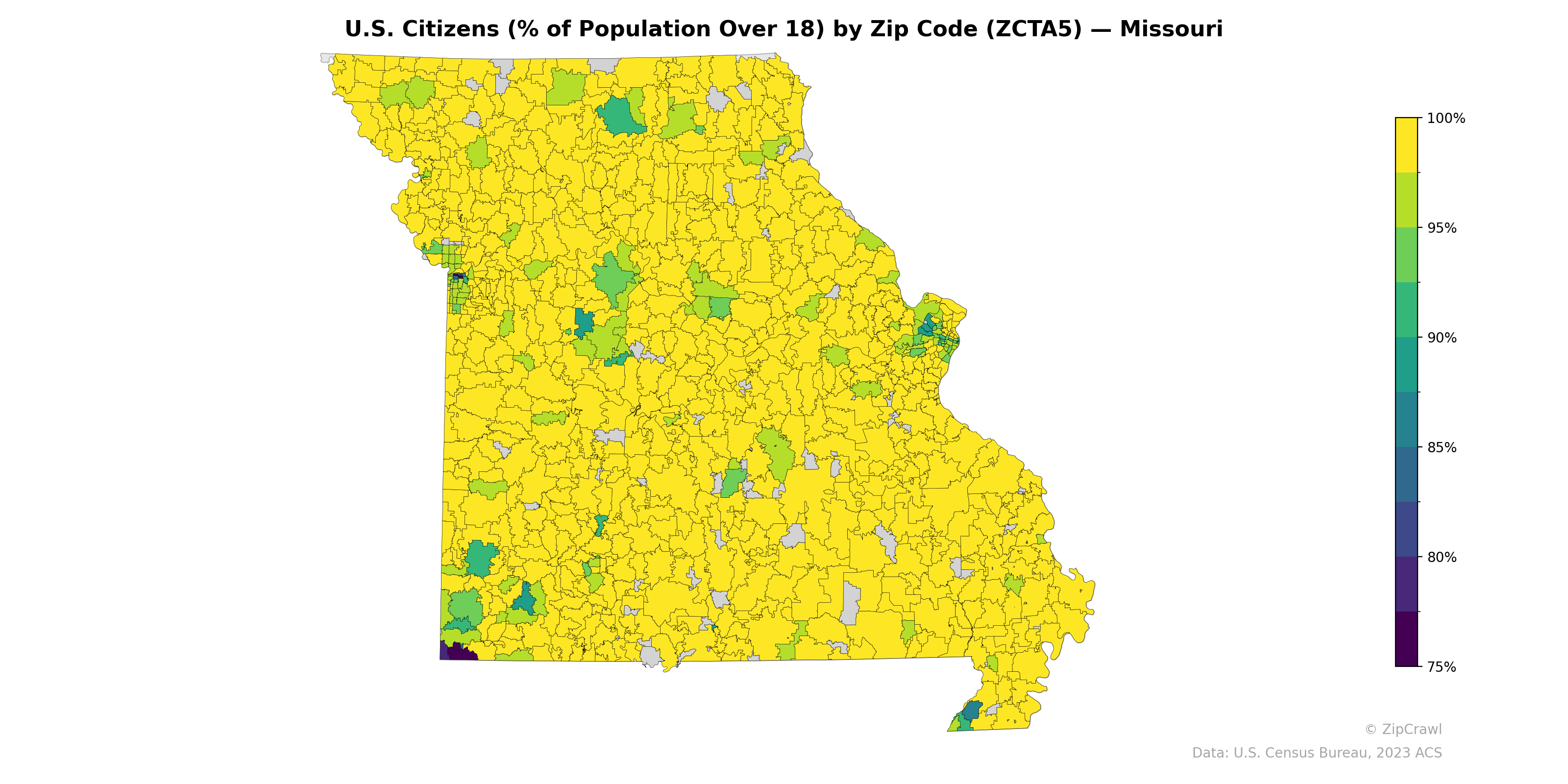U.S. Citizens (% of Population Over 18) by Zip Code (ZCTA5) — Missouri