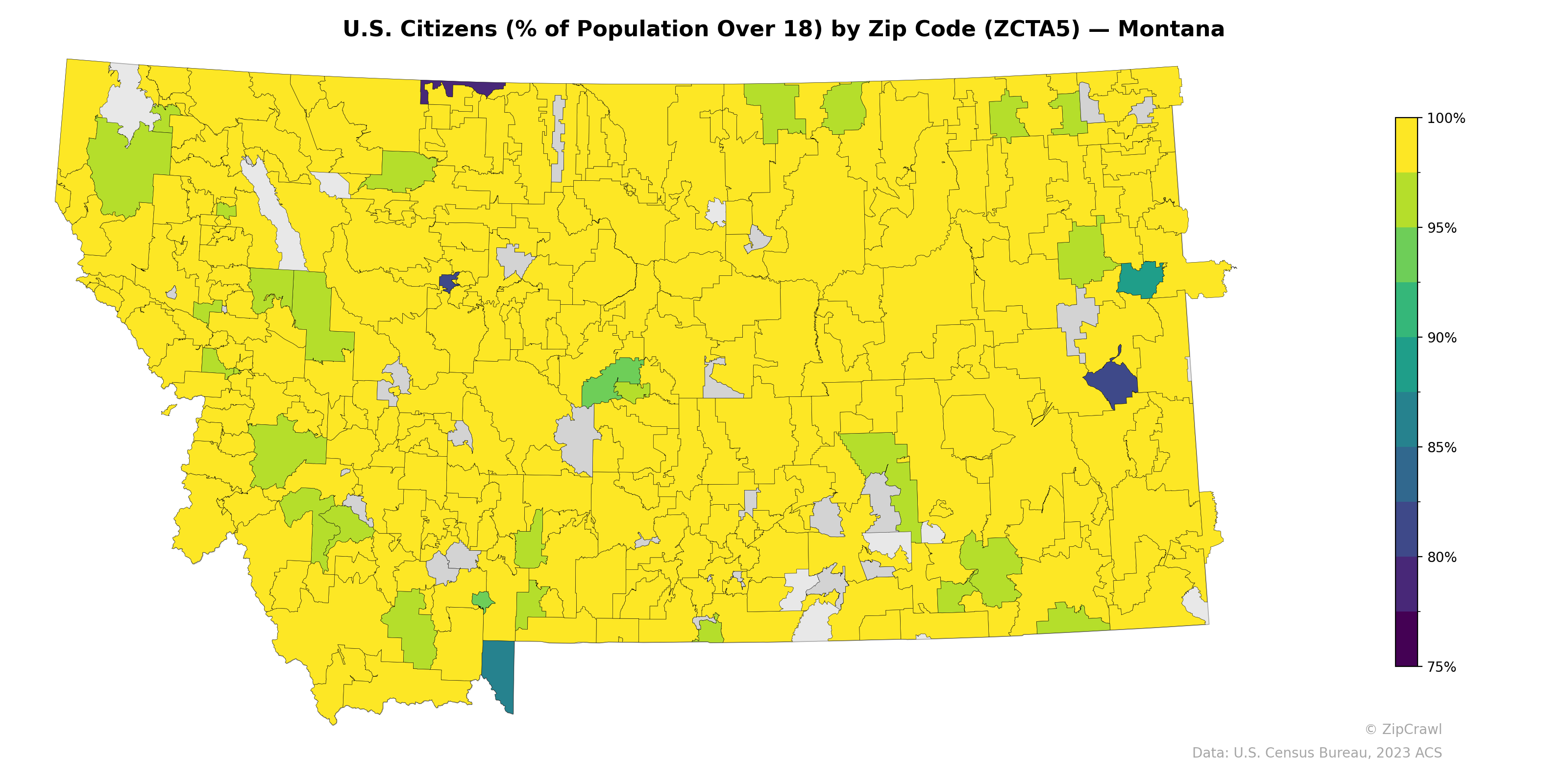 U.S. Citizens (% of Population Over 18) by Zip Code (ZCTA5) — Montana