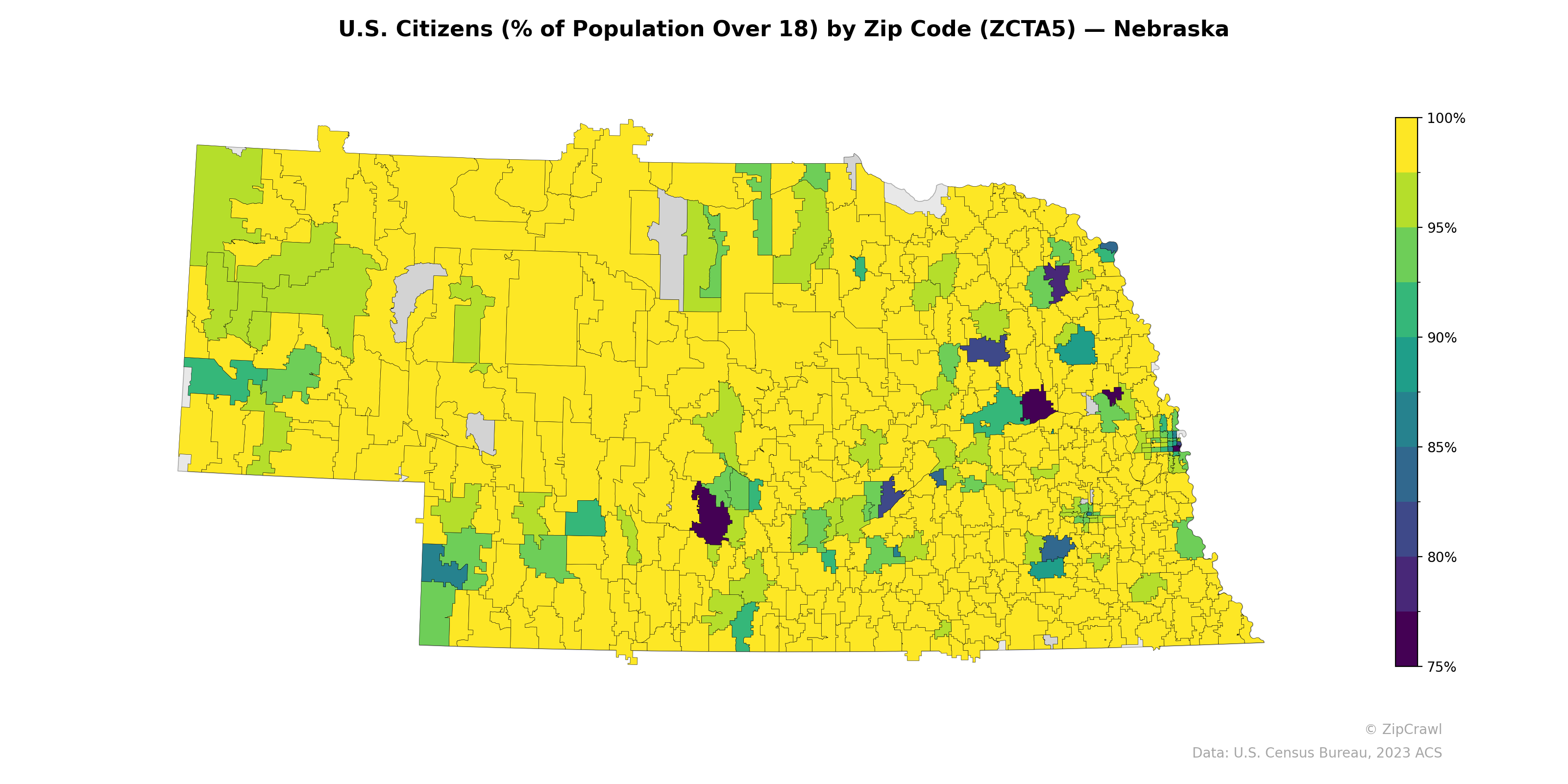 U.S. Citizens (% of Population Over 18) by Zip Code (ZCTA5) — Nebraska