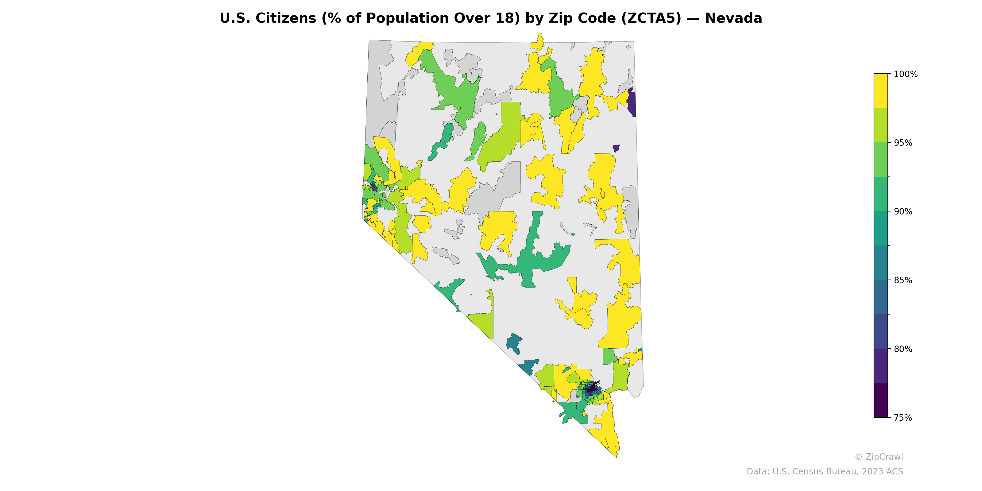 U.S. Citizens (% of Population Over 18) by Zip Code (ZCTA5) — Nevada