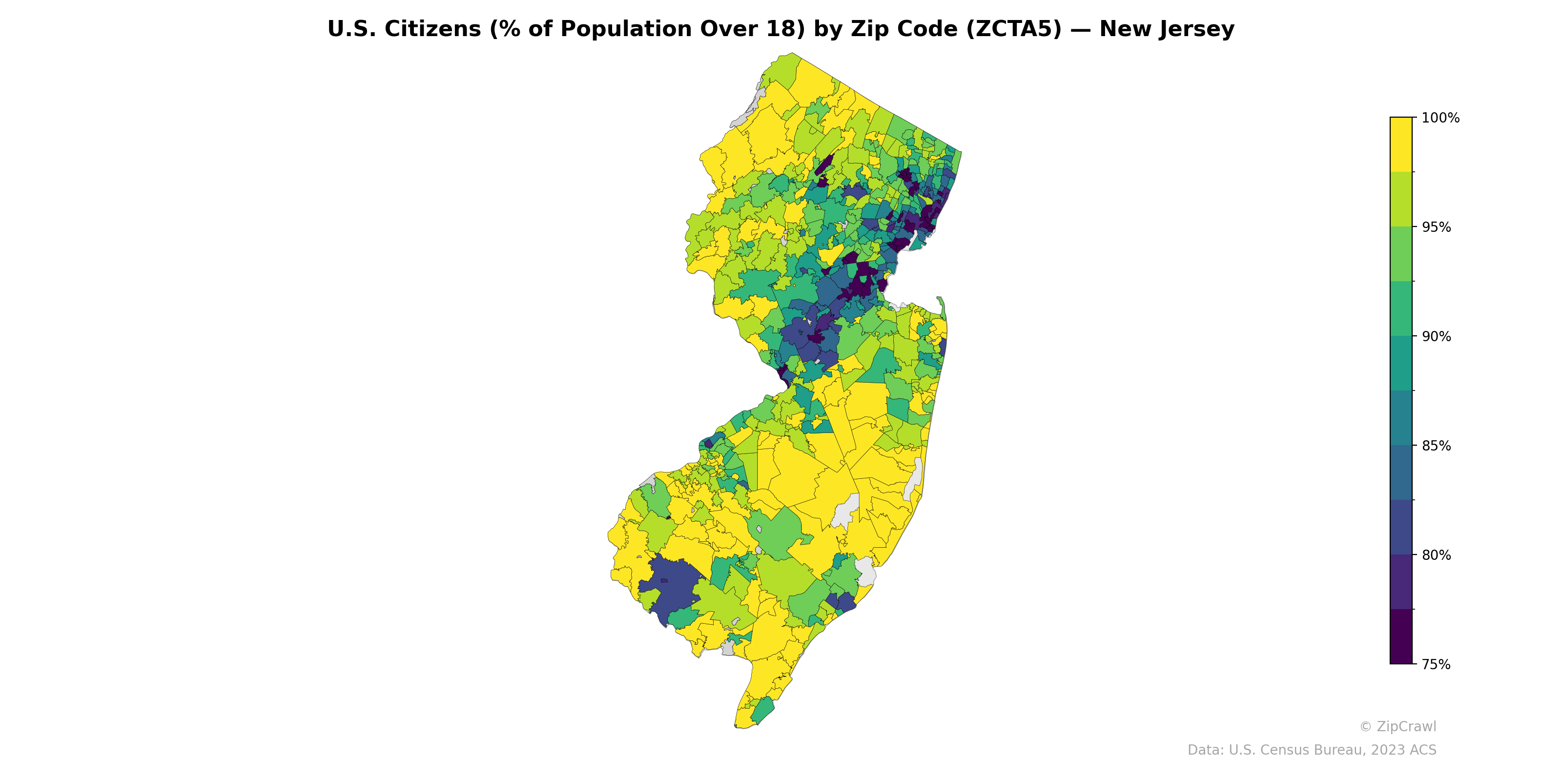 U.S. Citizens (% of Population Over 18) by Zip Code (ZCTA5) — New Jersey