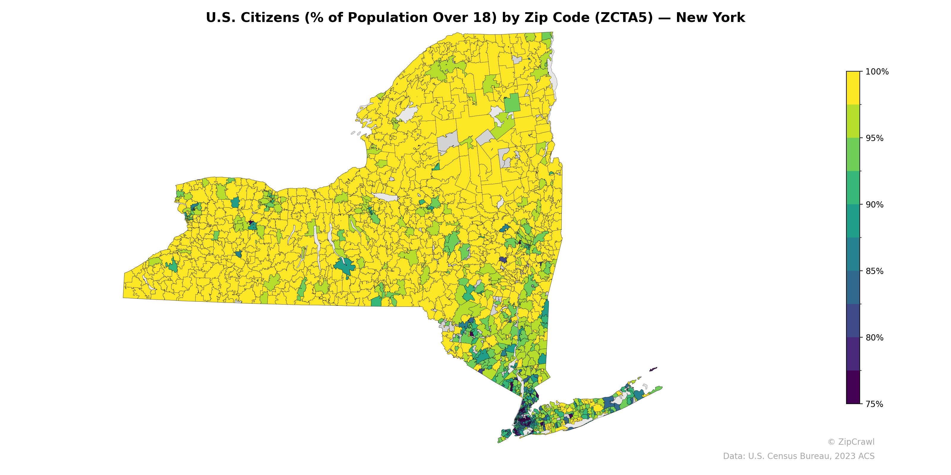 U.S. Citizens (% of Population Over 18) by Zip Code (ZCTA5) — New York