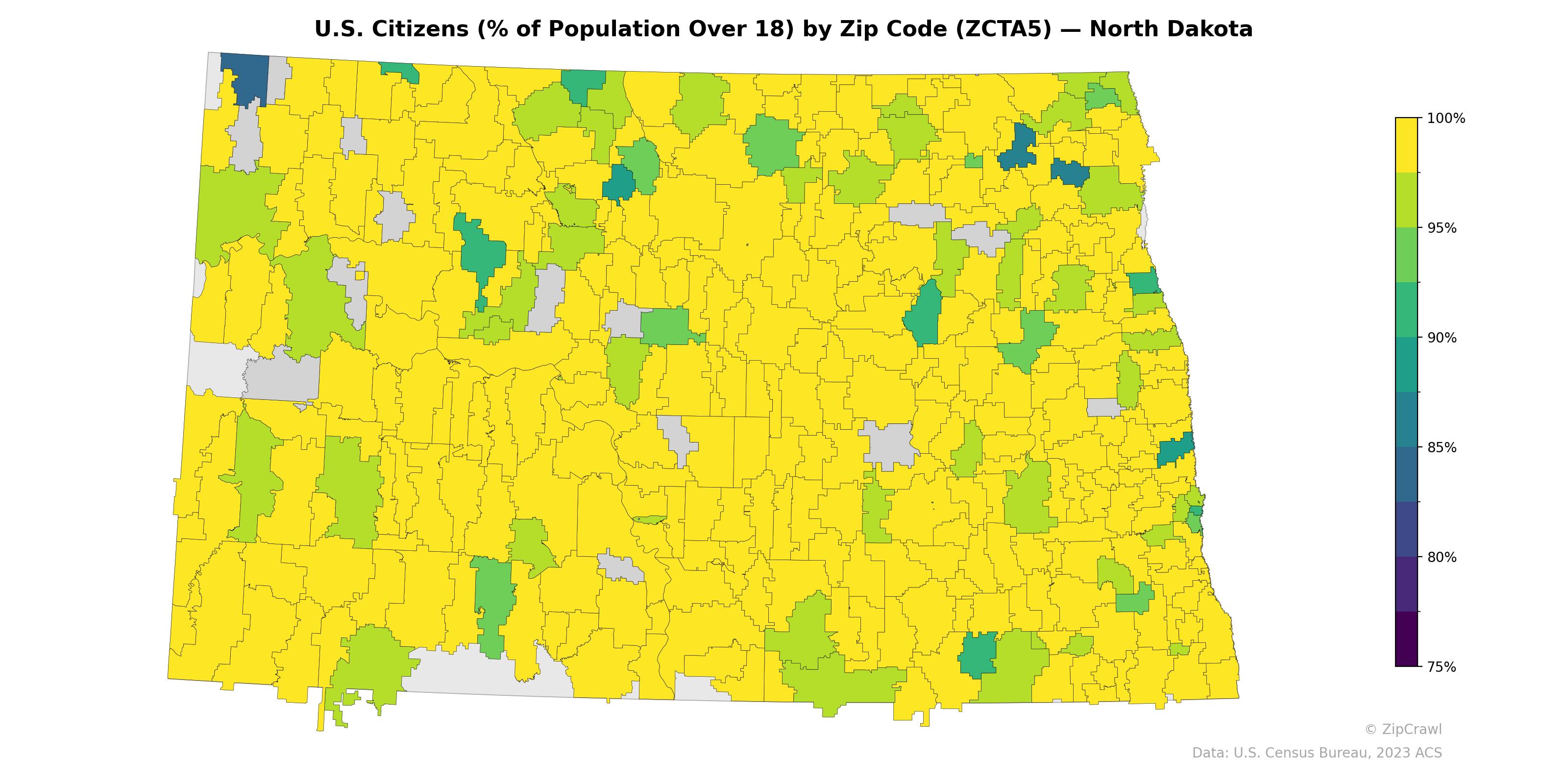 U.S. Citizens (% of Population Over 18) by Zip Code (ZCTA5) — North Dakota