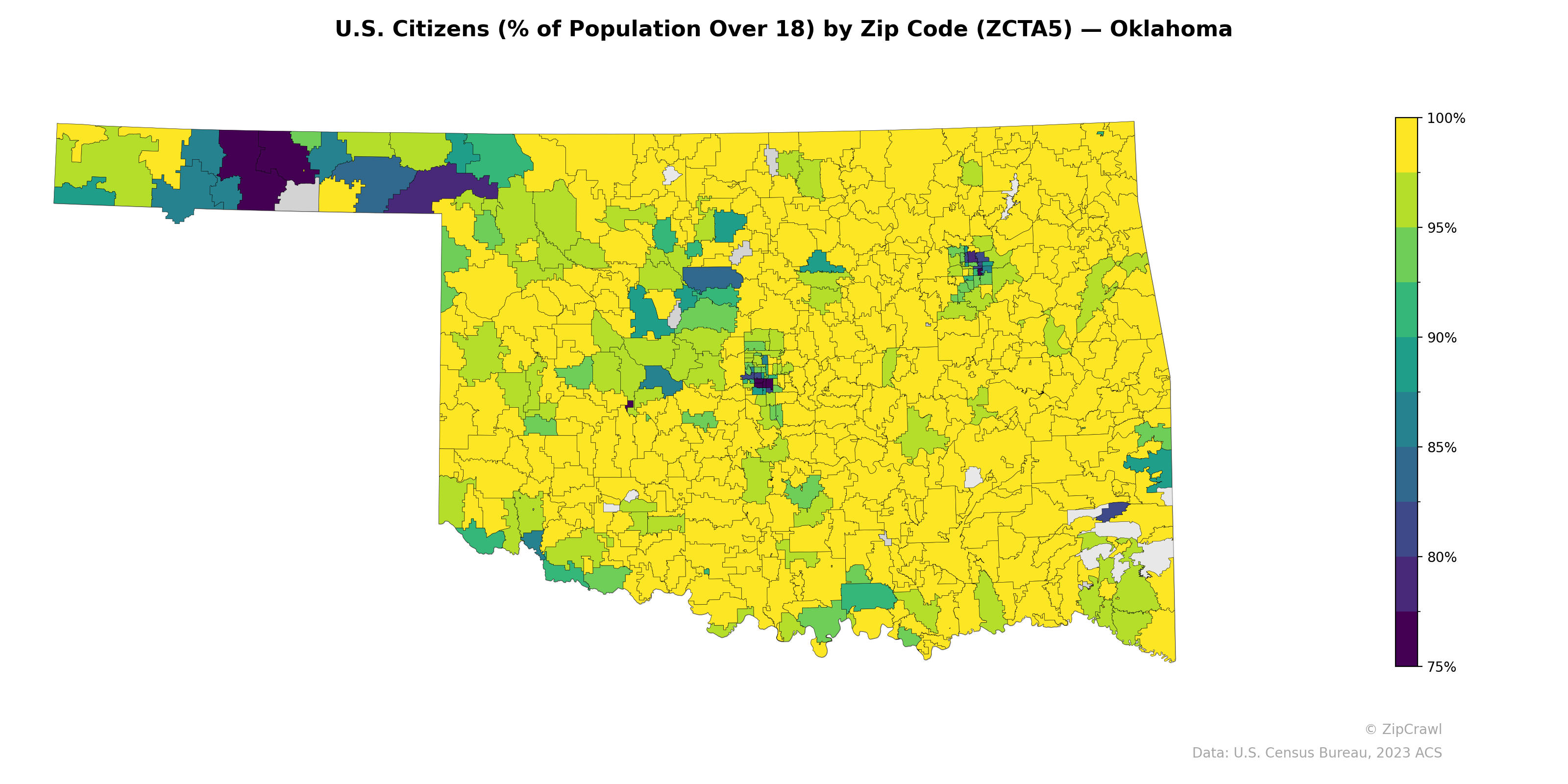 U.S. Citizens (% of Population Over 18) by Zip Code (ZCTA5) — Oklahoma