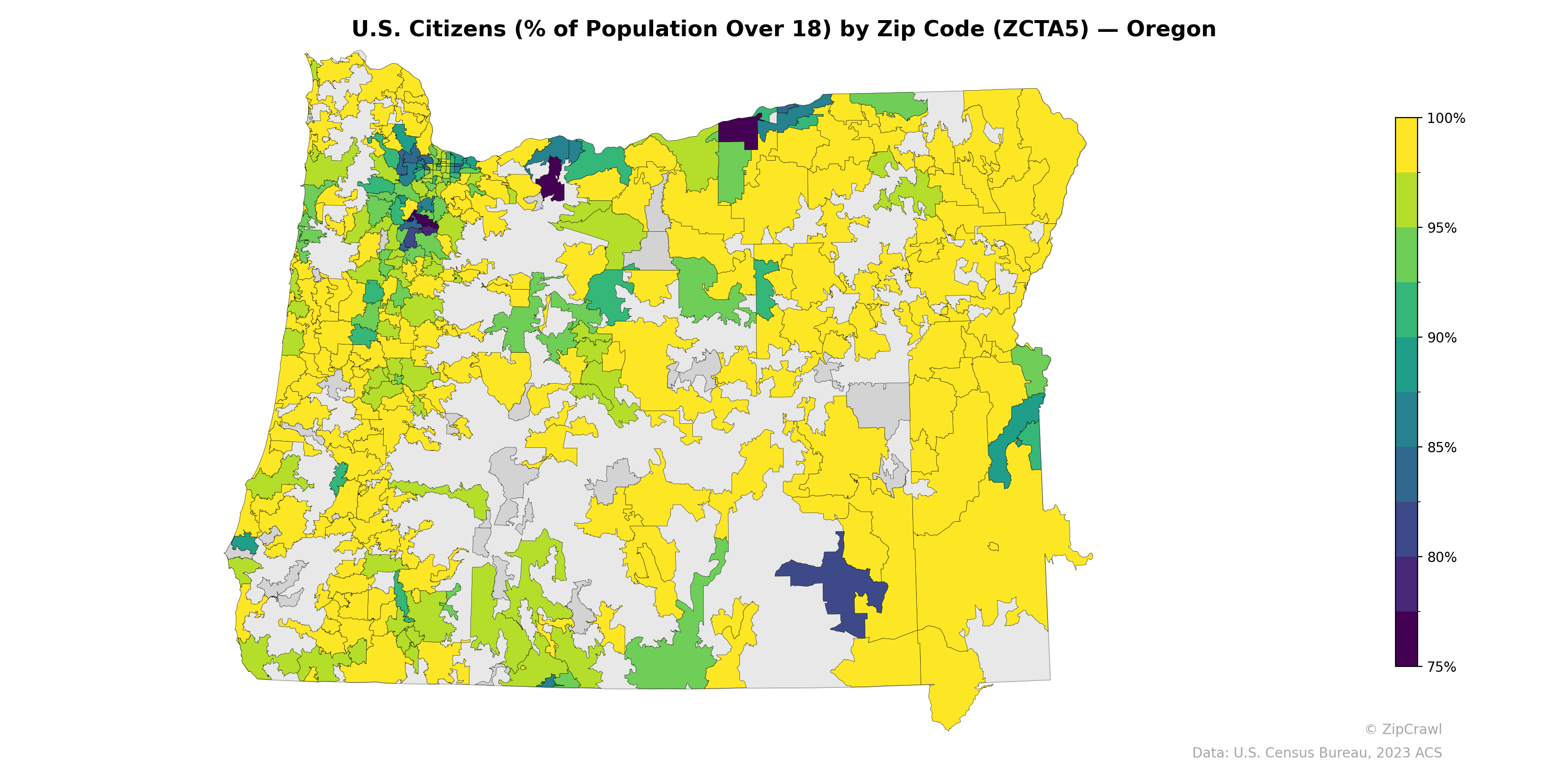 U.S. Citizens (% of Population Over 18) by Zip Code (ZCTA5) — Oregon
