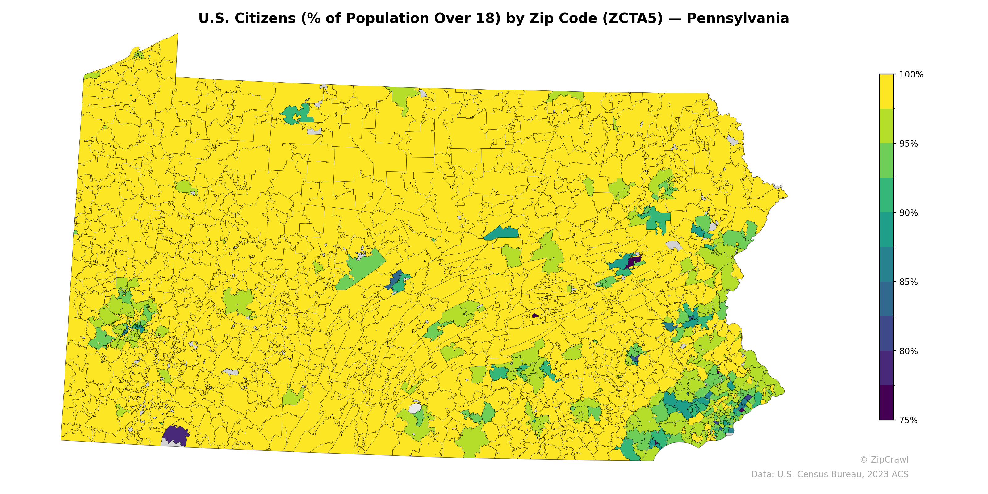 U.S. Citizens (% of Population Over 18) by Zip Code (ZCTA5) — Pennsylvania