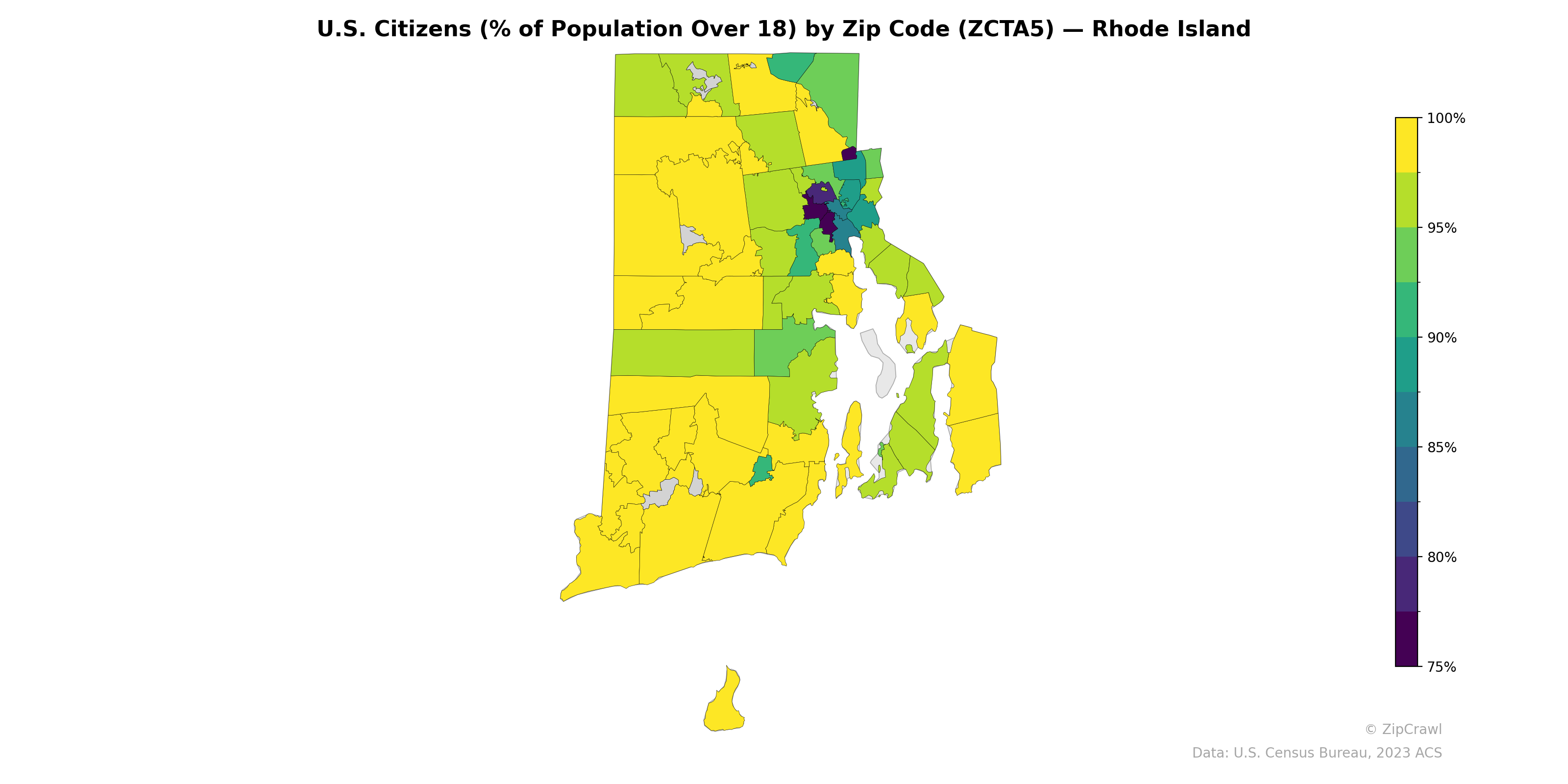 U.S. Citizens (% of Population Over 18) by Zip Code (ZCTA5) — Rhode Island