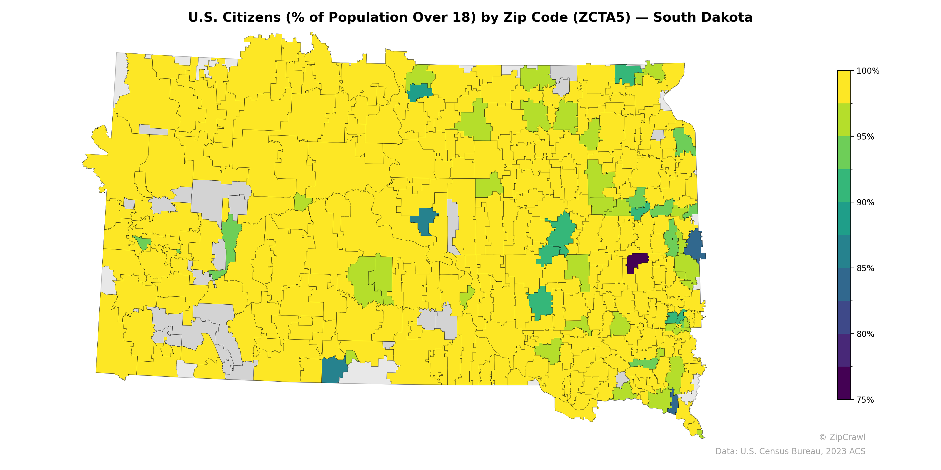 U.S. Citizens (% of Population Over 18) by Zip Code (ZCTA5) — South Dakota