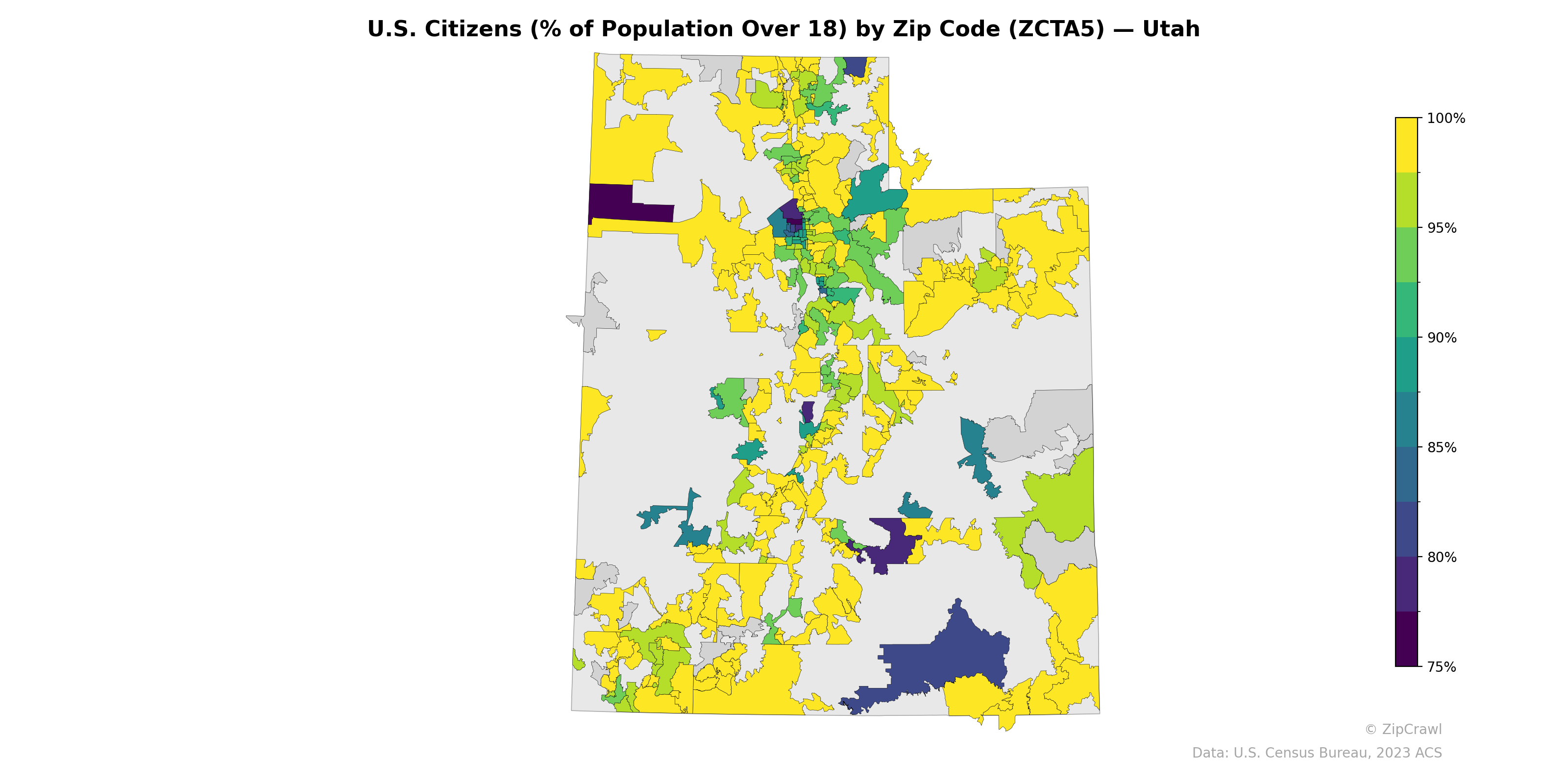 U.S. Citizens (% of Population Over 18) by Zip Code (ZCTA5) — Utah