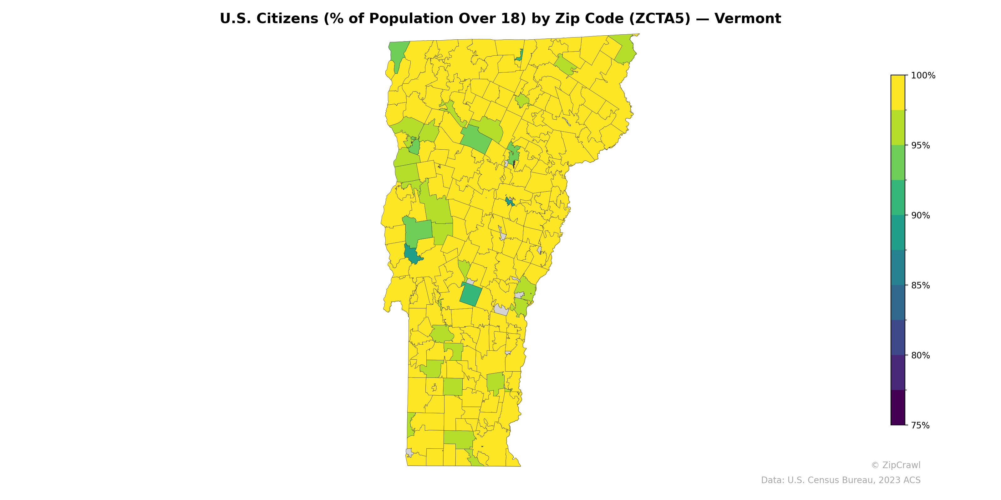 U.S. Citizens (% of Population Over 18) by Zip Code (ZCTA5) — Vermont
